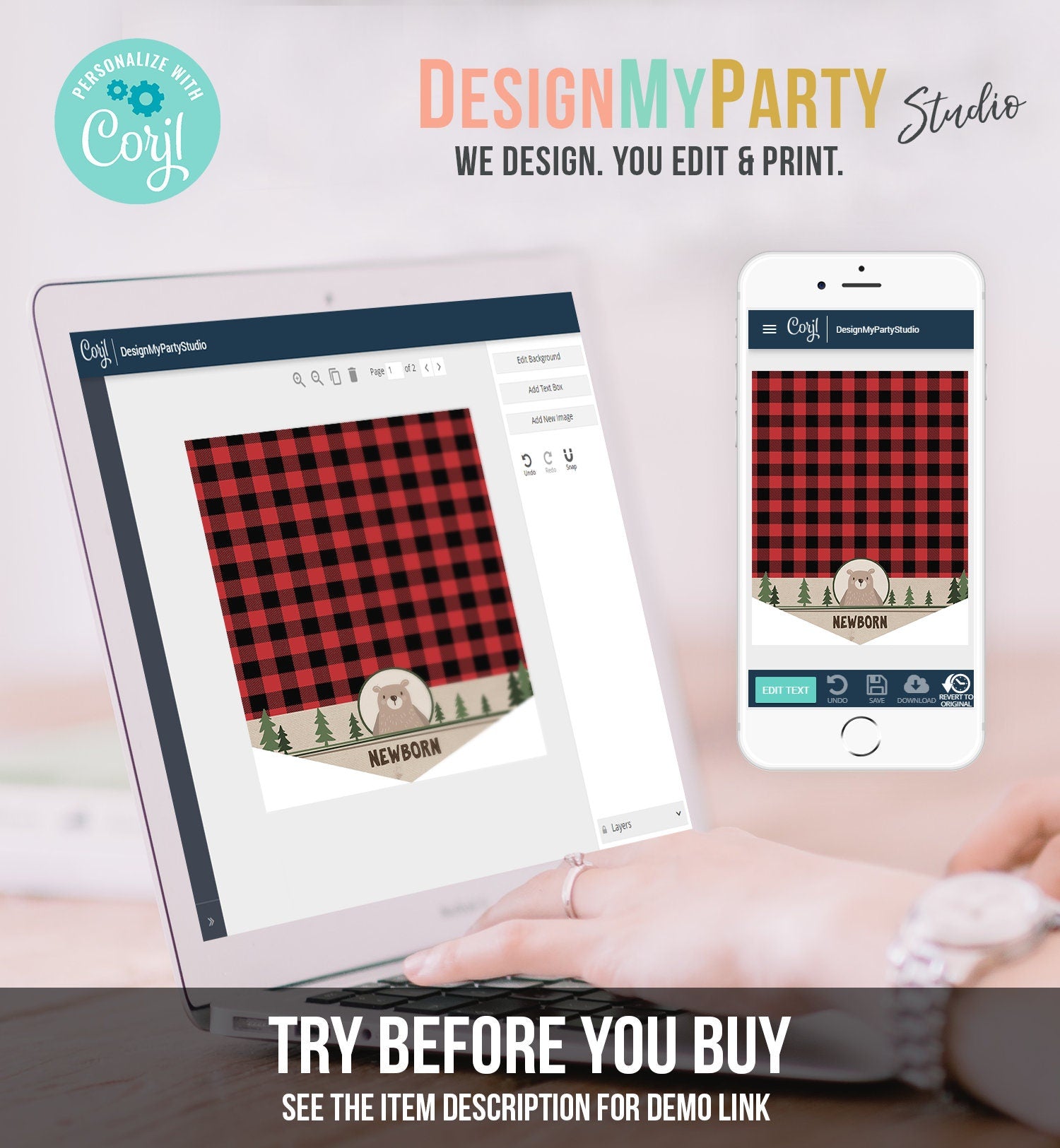 Editable Lumberjack First Birthday Banner Monthly Photo Banner Bear Buffalo Plaid Party Decor Digital Download Template Printable 0026