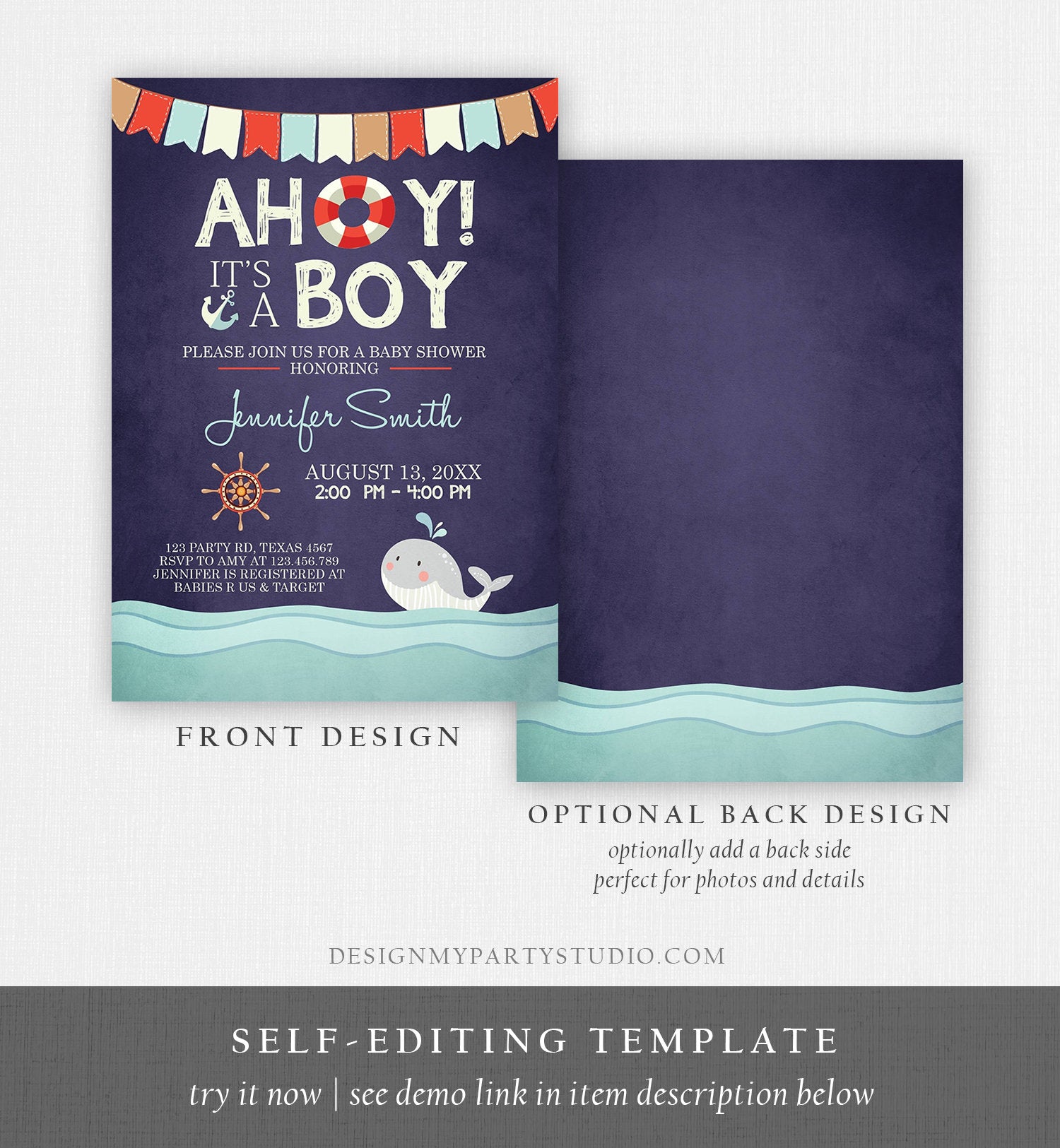 Editable Nautical Baby Shower Invitation Ahoy Its A Boy invite It's A Boy Whale Ocean Red Navy Blue Digital Corjl Template Printable 0018