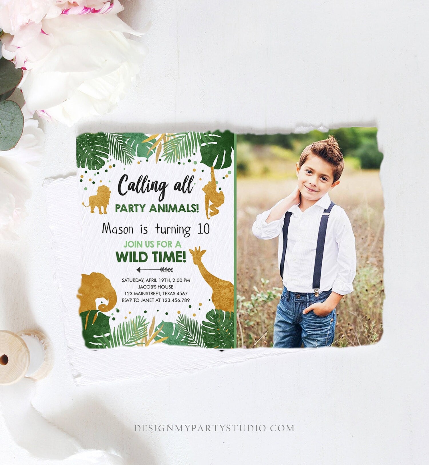 Editable Safari Animals Birthday Invitation ANY AGE Calling All Party Animals Boy Gold Green Jungle Download Printable Corjl Template 0016