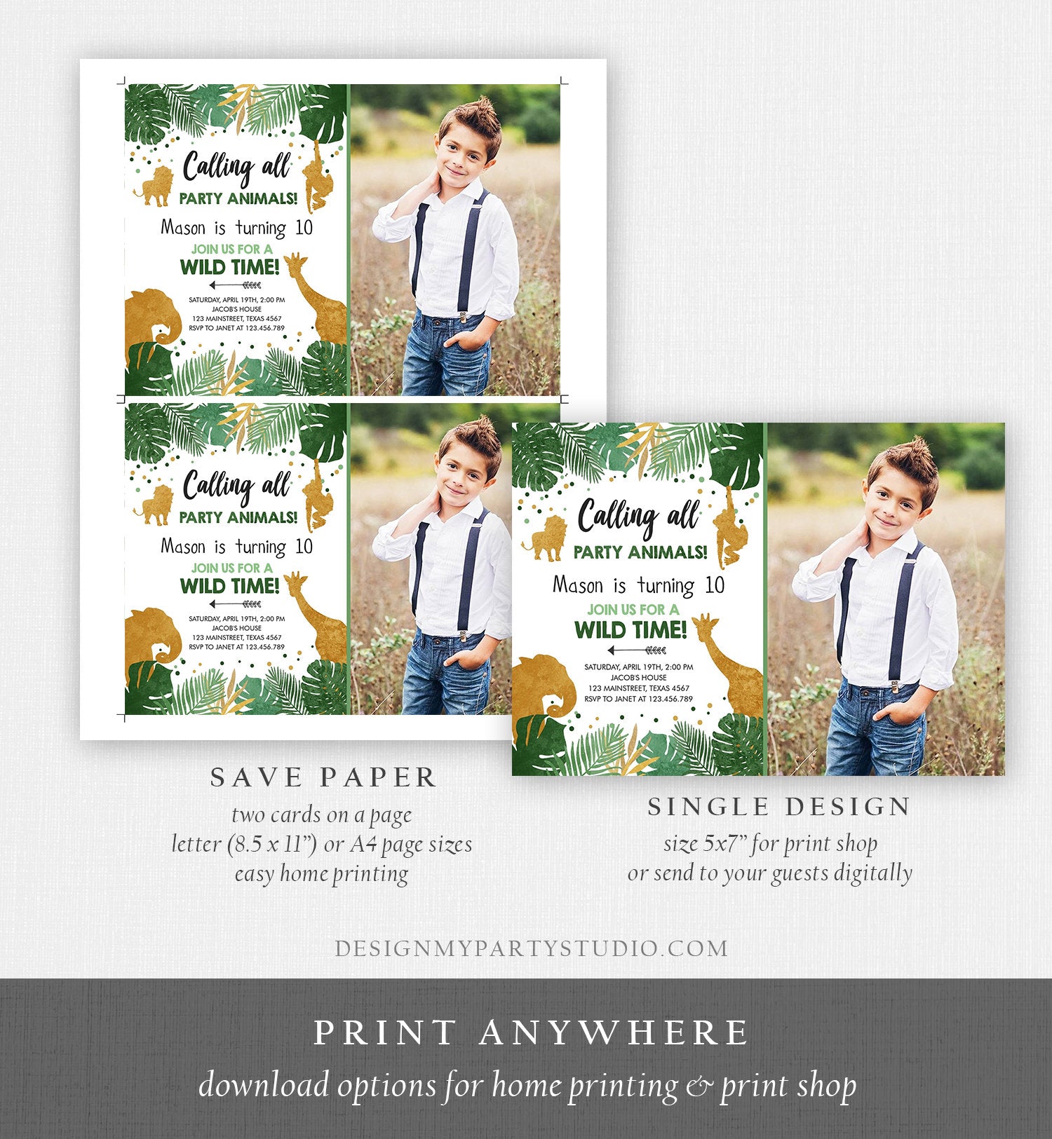 Editable Safari Animals Birthday Invitation ANY AGE Calling All Party Animals Boy Gold Green Jungle Download Printable Corjl Template 0016