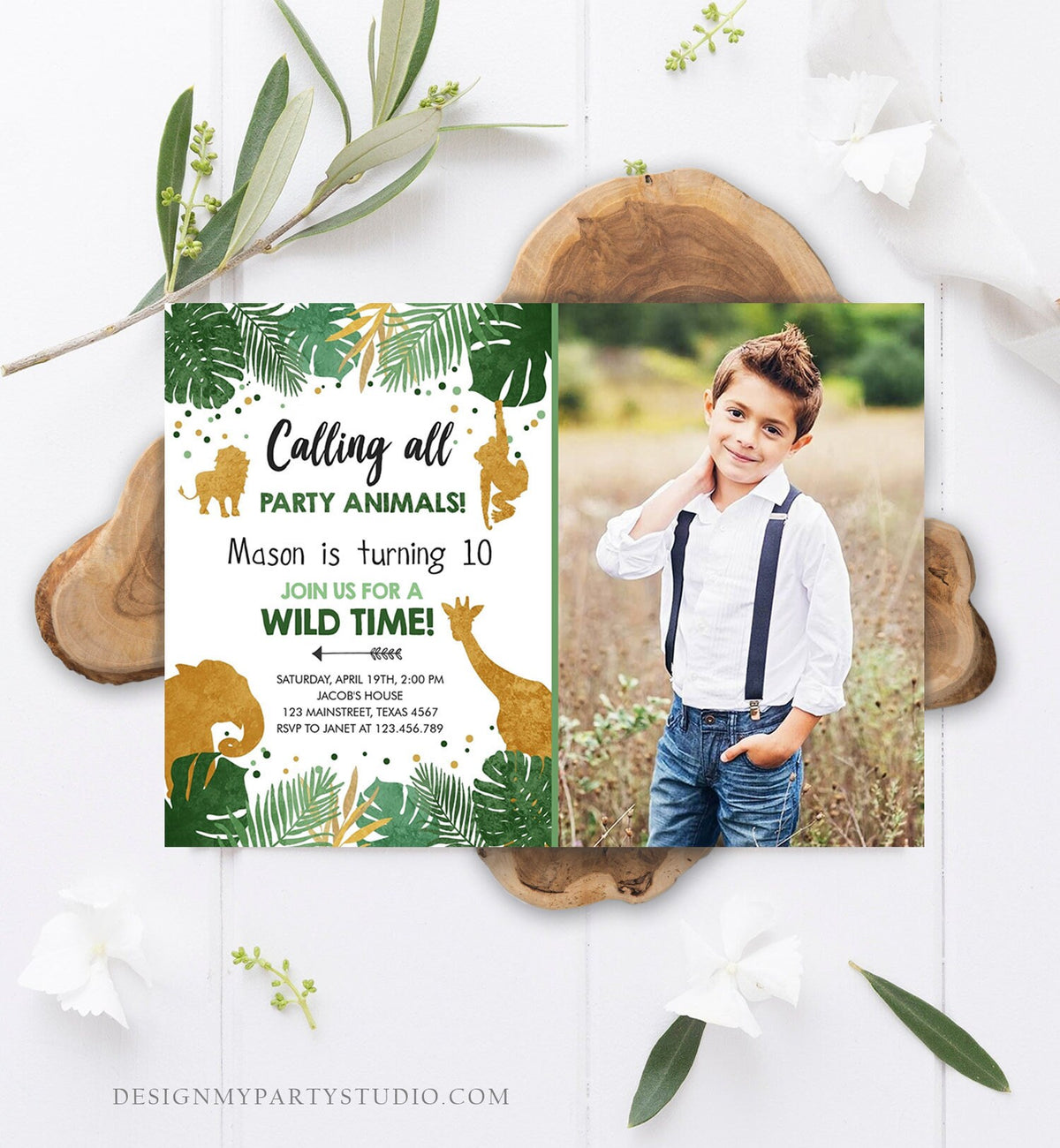 Editable Safari Animals Birthday Invitation ANY AGE Calling All Party Animals Boy Gold Green Jungle Download Printable Corjl Template 0016