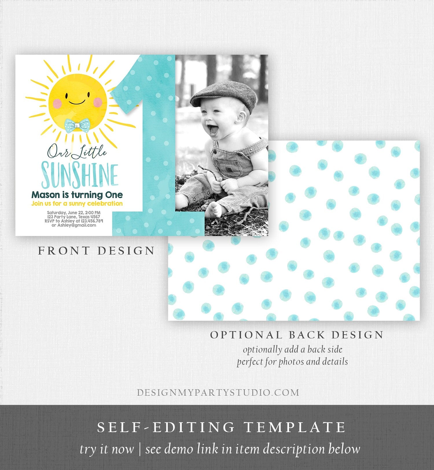 Editable Our Little Sunshine Birthday Invitation Boy Sunshine Party Blue Summer 1st First Birthday Digital Download Template Printable 0141