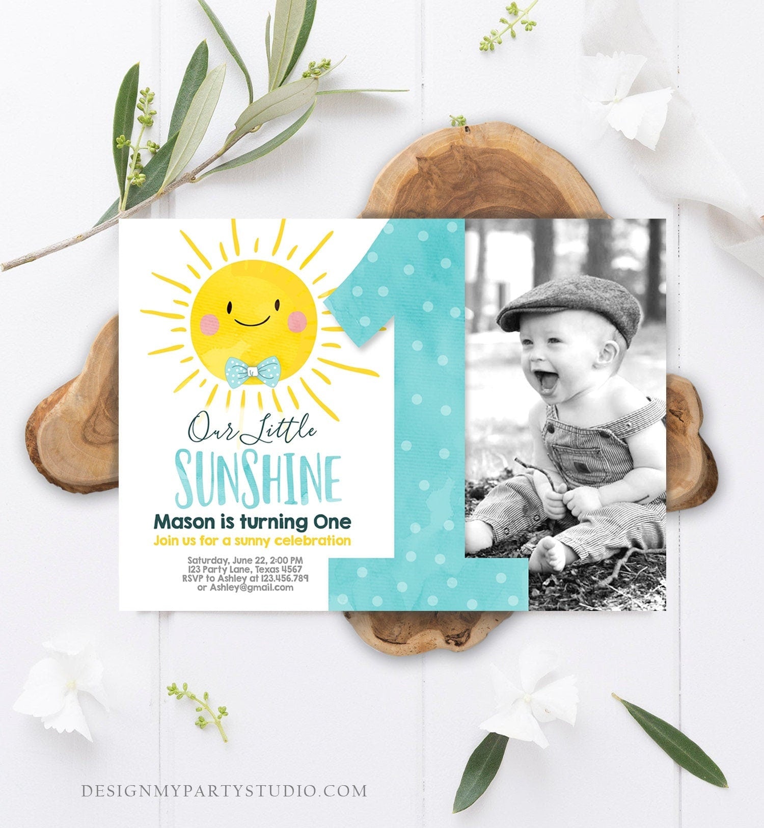 Editable Our Little Sunshine Birthday Invitation Boy Sunshine Party Blue Summer 1st First Birthday Digital Download Template Printable 0141