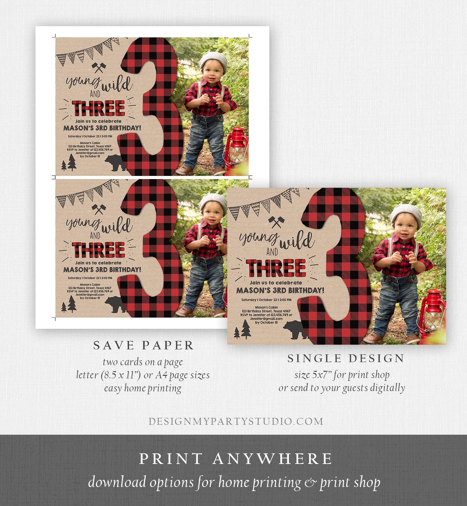 Editable Lumberjack Young Wild and Three Birthday Invitation Third Birthday 3rd Woodland Bear Red Plaid Boy Digital Template Printable 0026