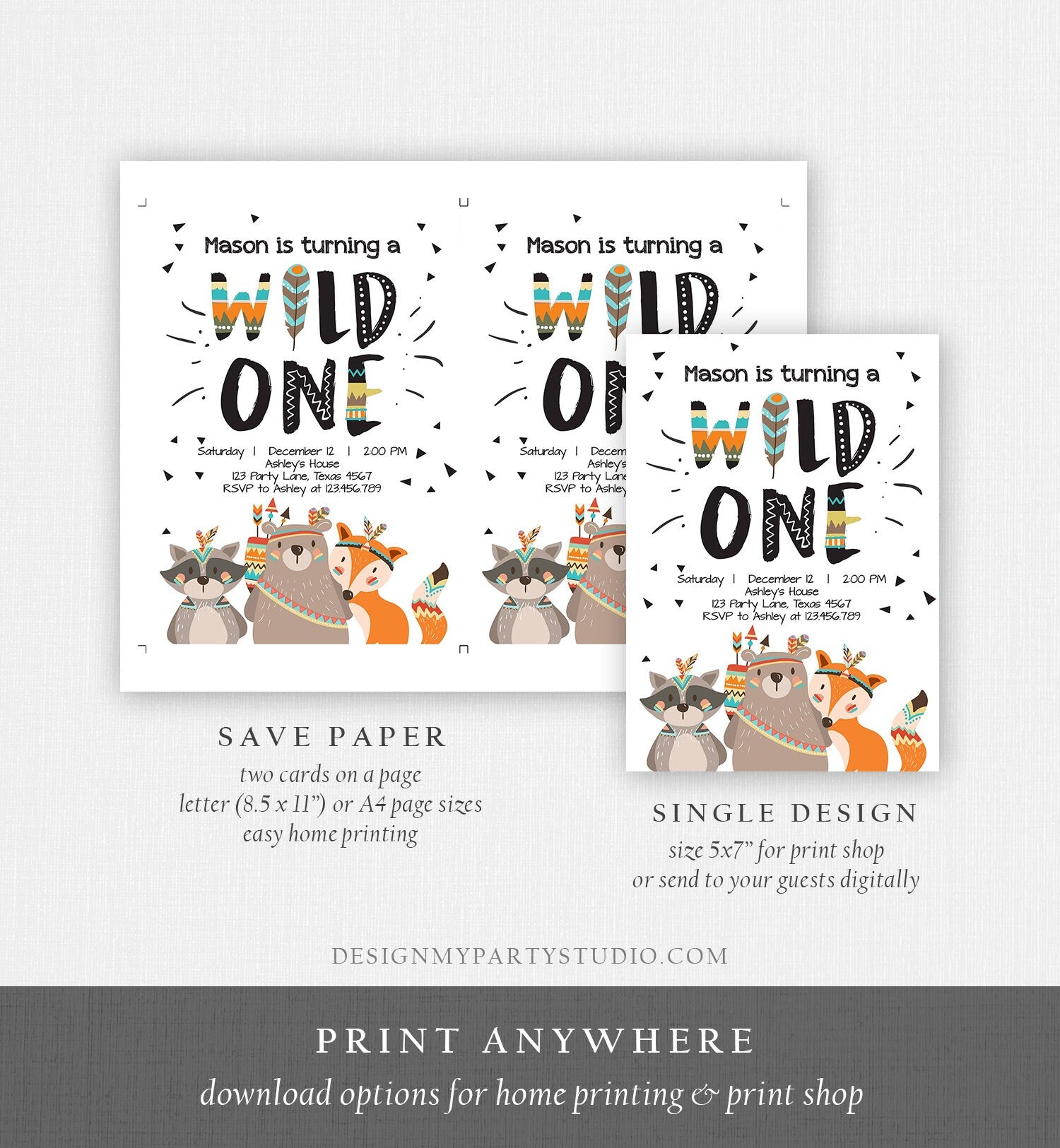 Editable Tribal Wild One Birthday Invitation Boho Woodland Animals Boy First Birthday Party Download Printable Corjl Template Digital 0061