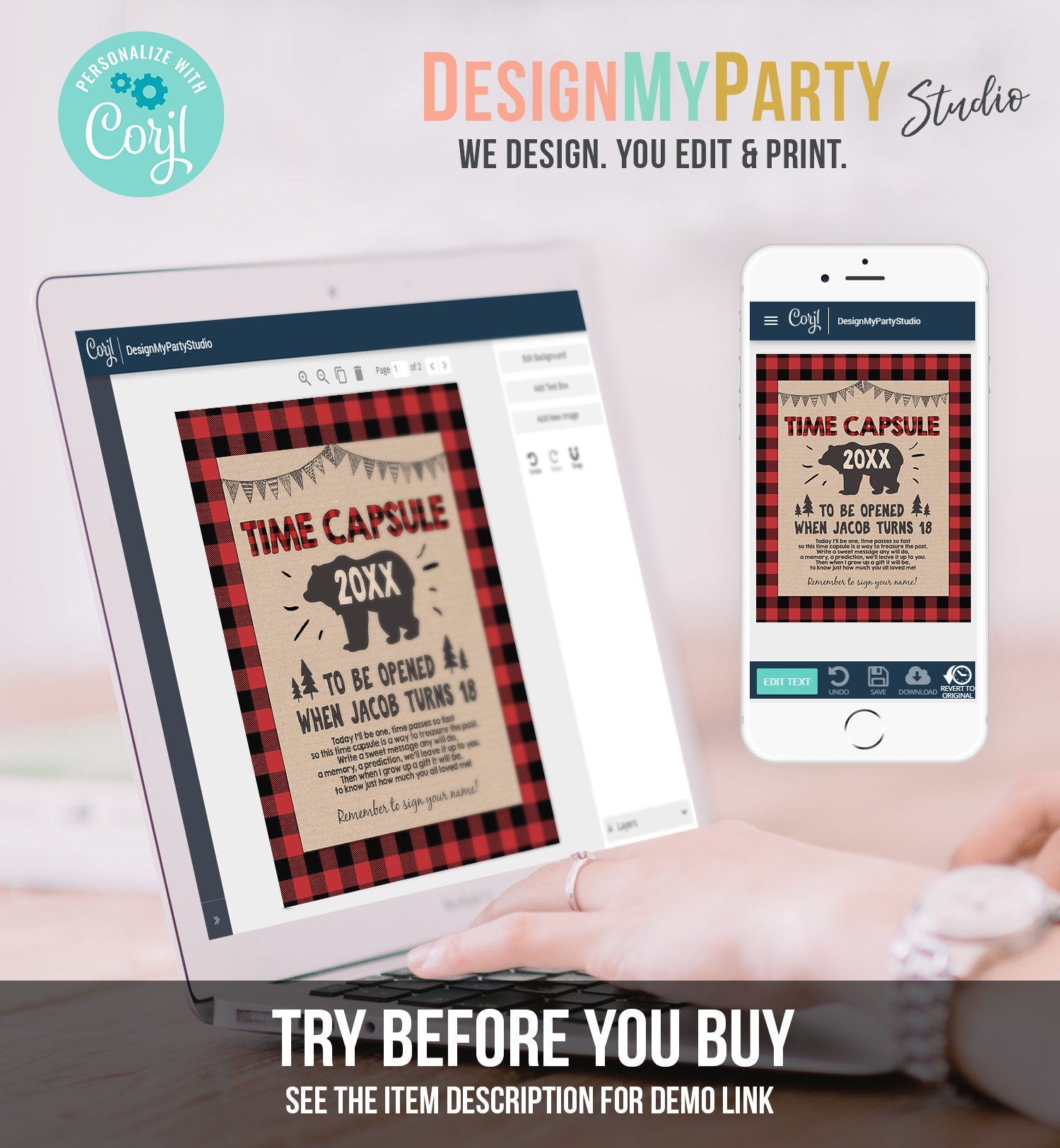 Editable Lumberjack Time Capsule First Birthday Party Game Bear Buffalo Plaid Guestbook Digital Download Template Printable 0026