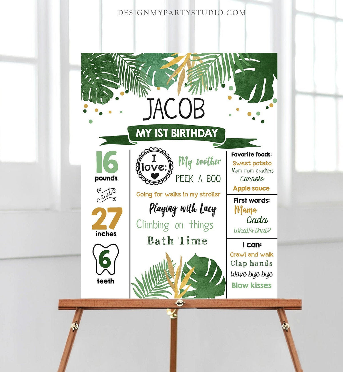 Editable Safari Birthday Milestones Sign Wild One First Birthday Safari Zoo 1st Leaves Tropical Safari Animals Corjl Template Printable 0332