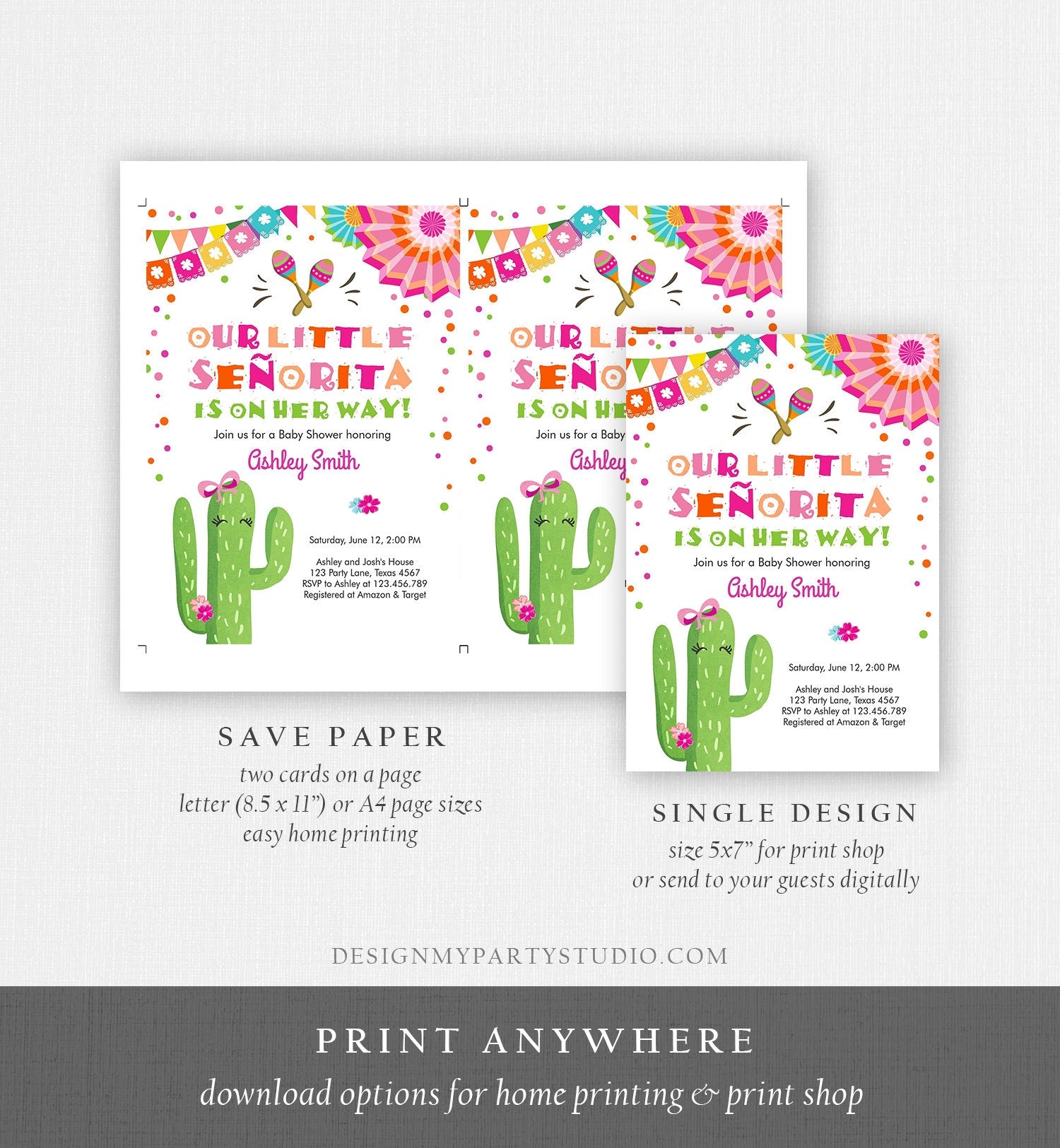 Editable Little Senorita Fiesta Baby Shower Invitation Cactus Mexican Succulent Señorita on the Way Pink Purple Download Corjl Template 0045