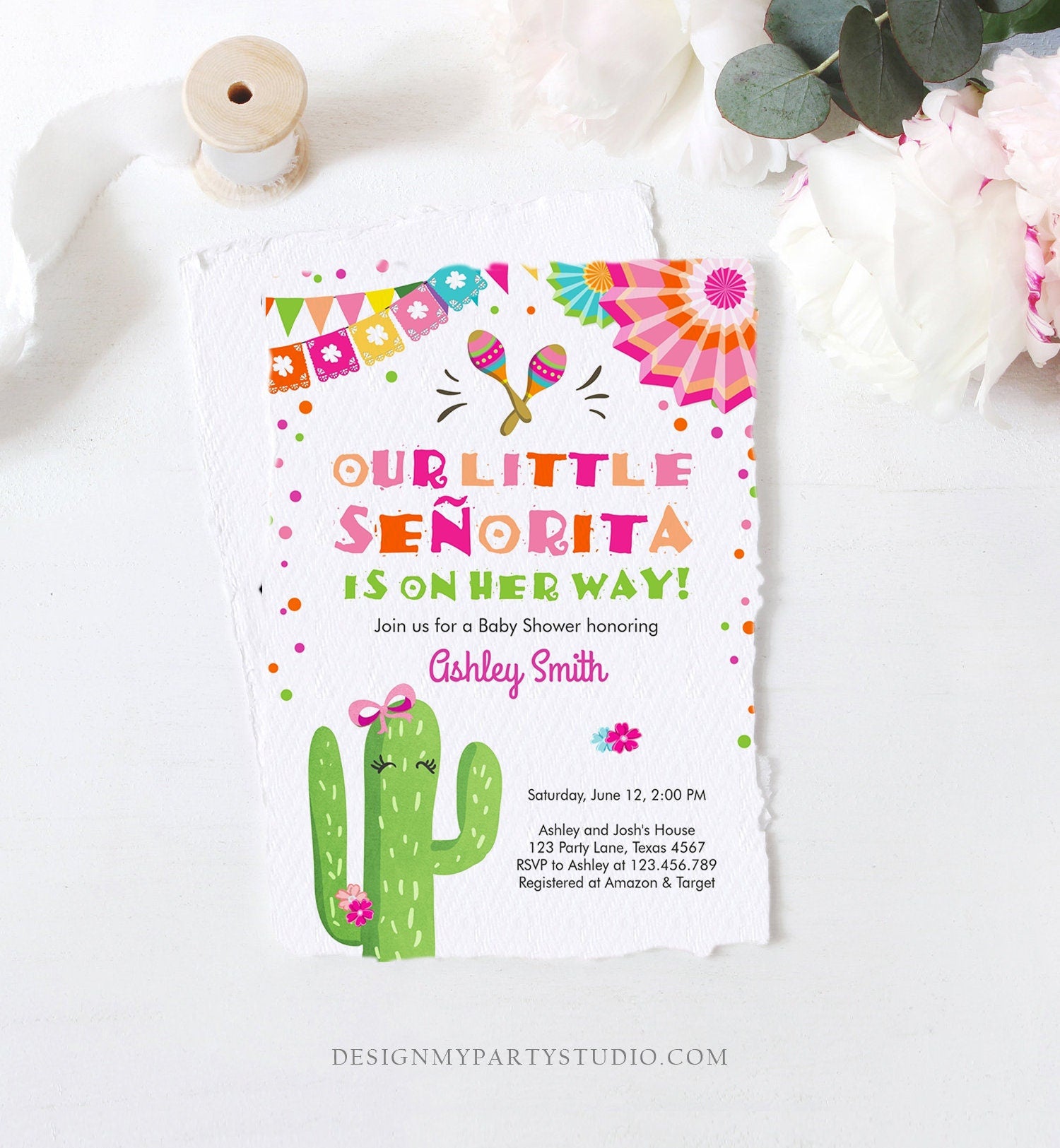 Editable Little Senorita Fiesta Baby Shower Invitation Cactus Mexican Succulent Señorita on the Way Pink Purple Download Corjl Template 0045