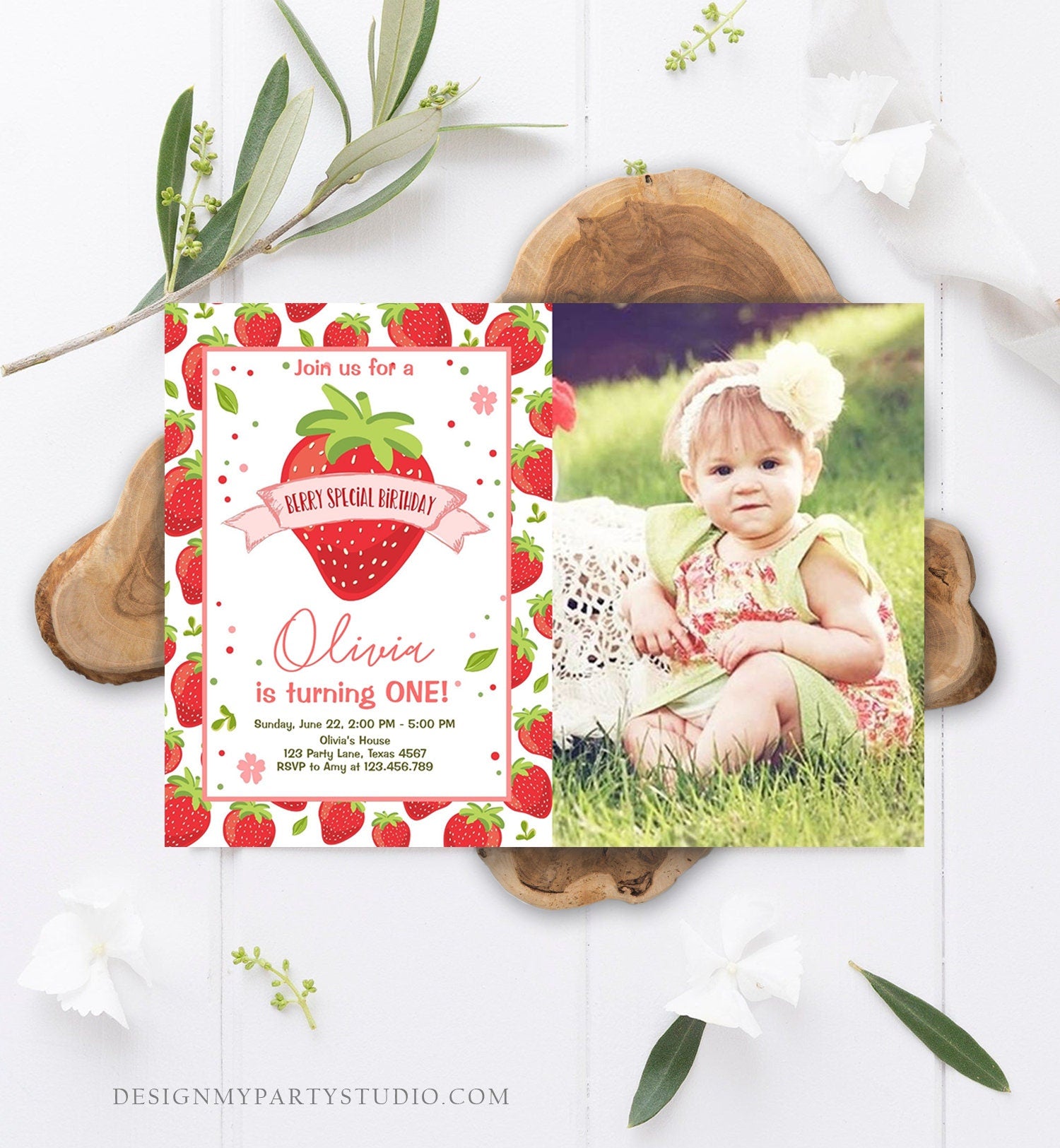 Editable Strawberry Birthday Invitation First Birthday Berry Special Girl Farmers Market Download Printable Invite Template Corjl 0091