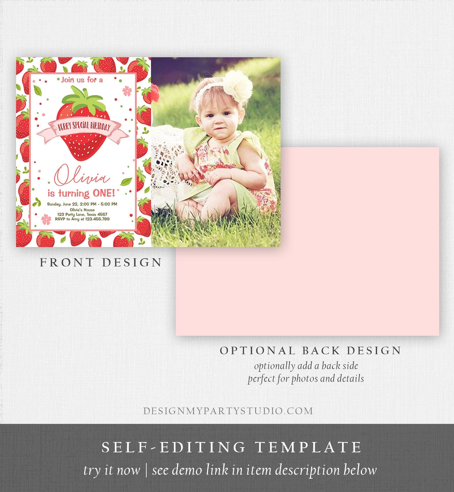 Editable Strawberry Birthday Invitation First Birthday Berry Special Girl Farmers Market Download Printable Invite Template Corjl 0091