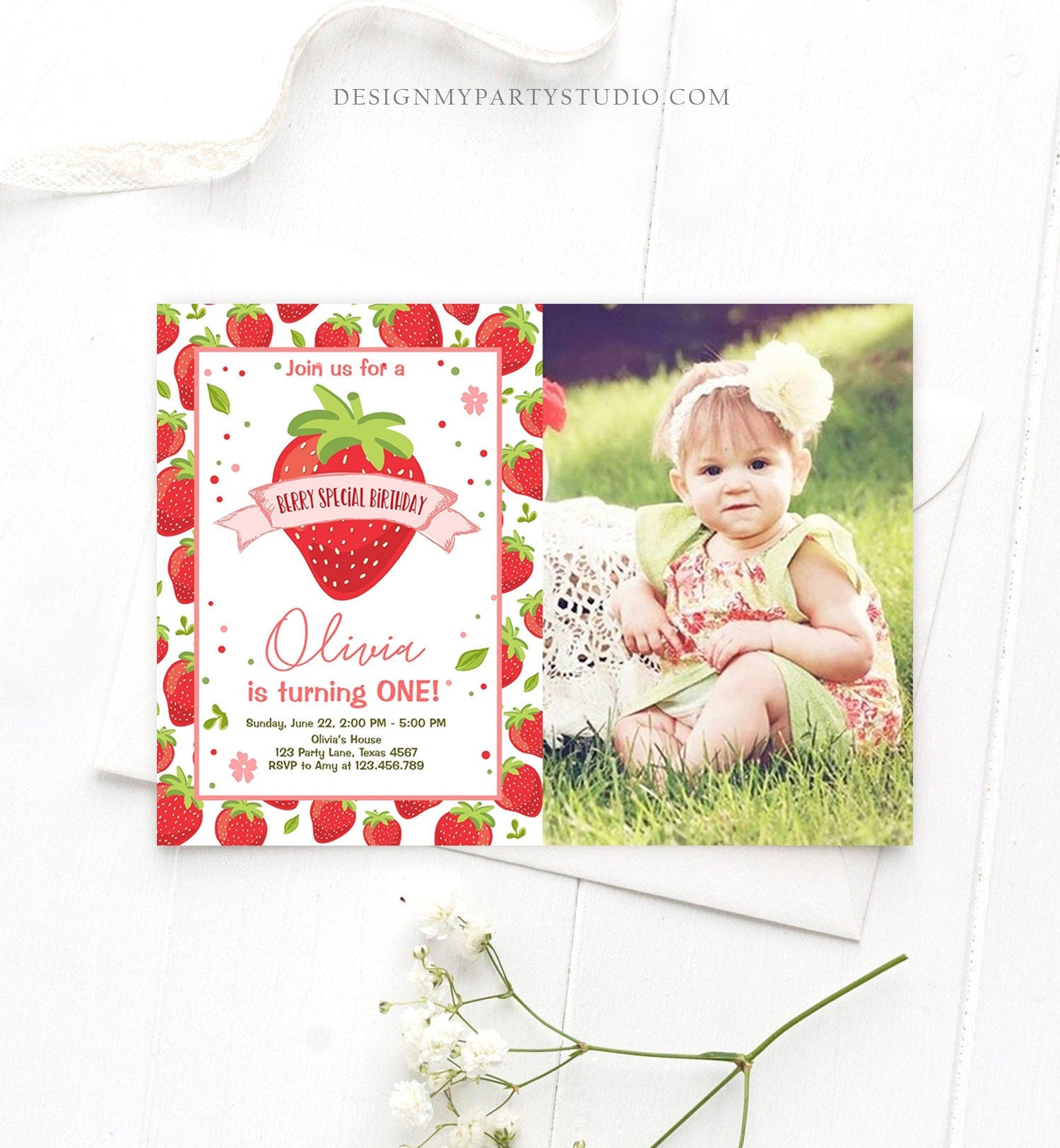 Editable Strawberry Birthday Invitation First Birthday Berry Special Girl Farmers Market Download Printable Invite Template Corjl 0091