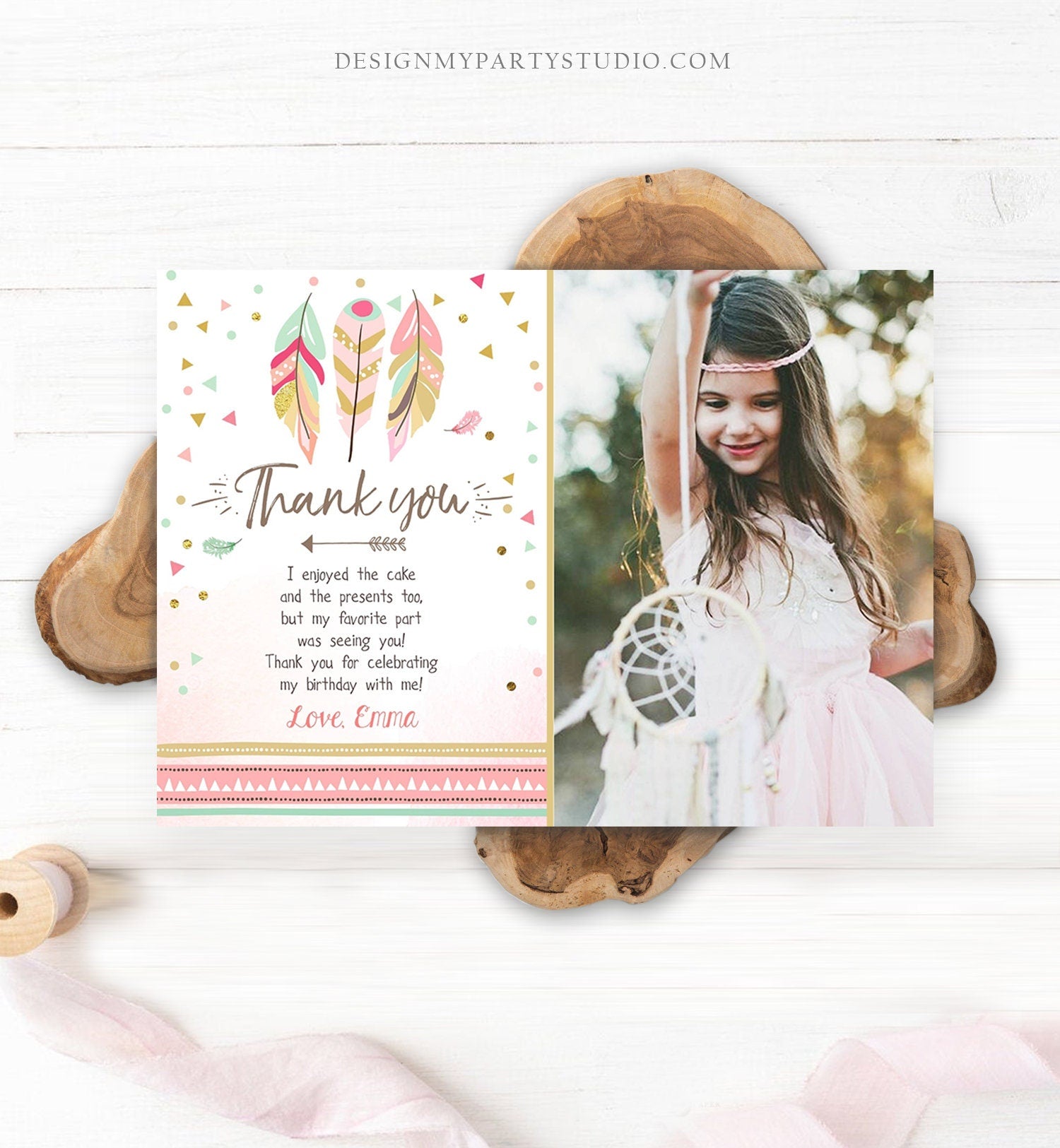 Editable Thank You Card Wild One Thank you Note Wild And Three Feathers Pink and Gold Girl Download Printable Template Corjl Digital 0073