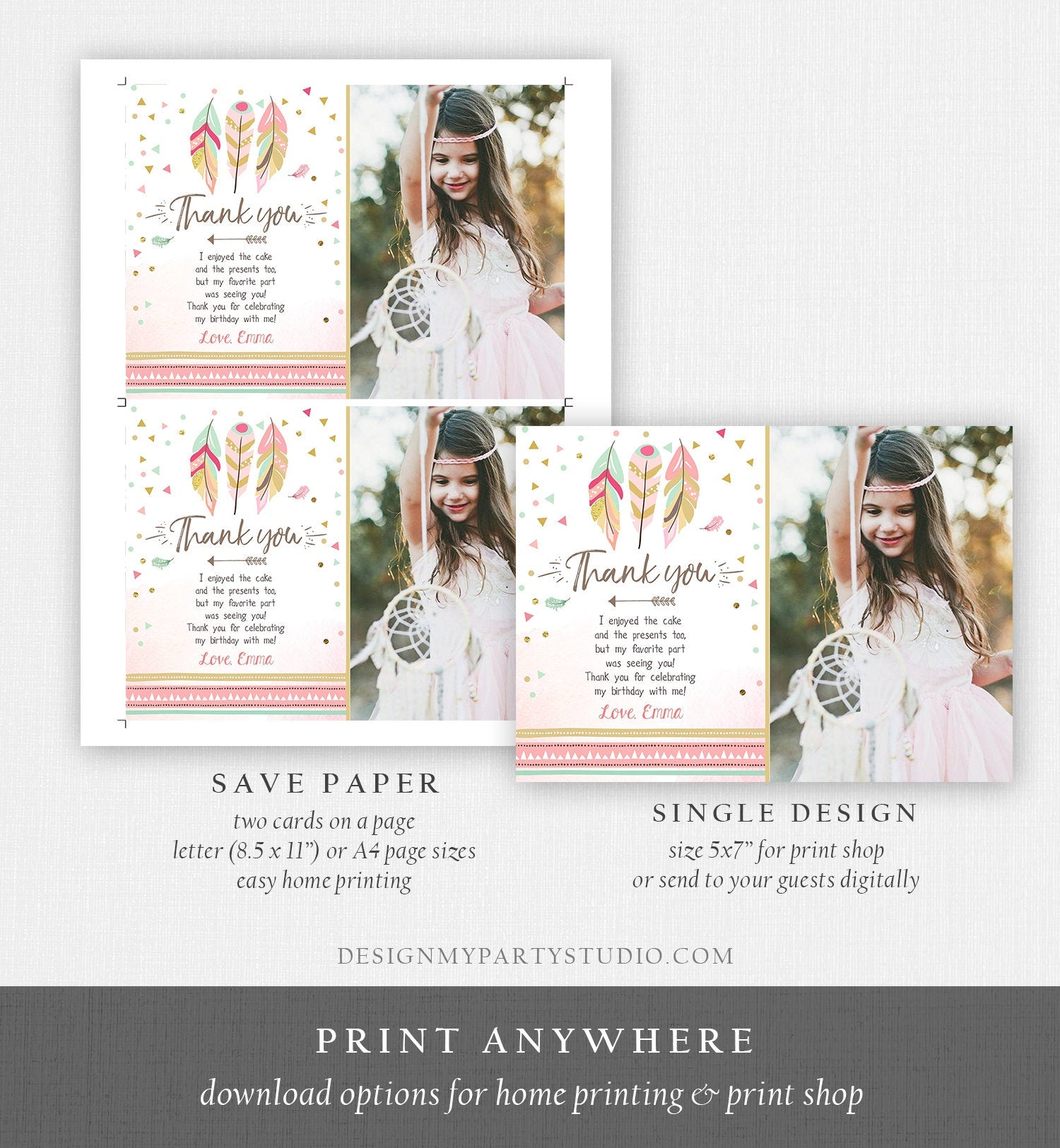 Editable Thank You Card Wild One Thank you Note Wild And Three Feathers Pink and Gold Girl Download Printable Template Corjl Digital 0073