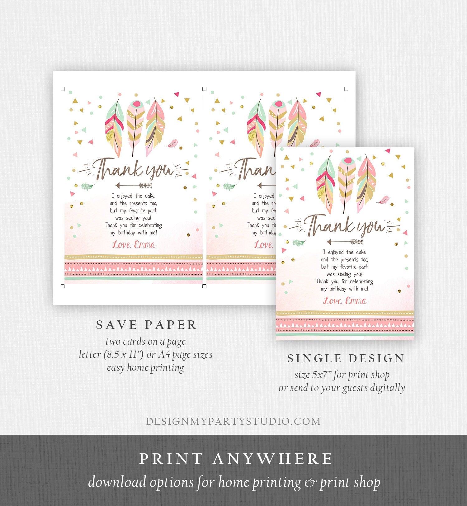 Editable Thank You Card Wild One Thank you Note Wild And Three Feathers Pink and Gold Girl Download Printable Template Corjl Digital 0073