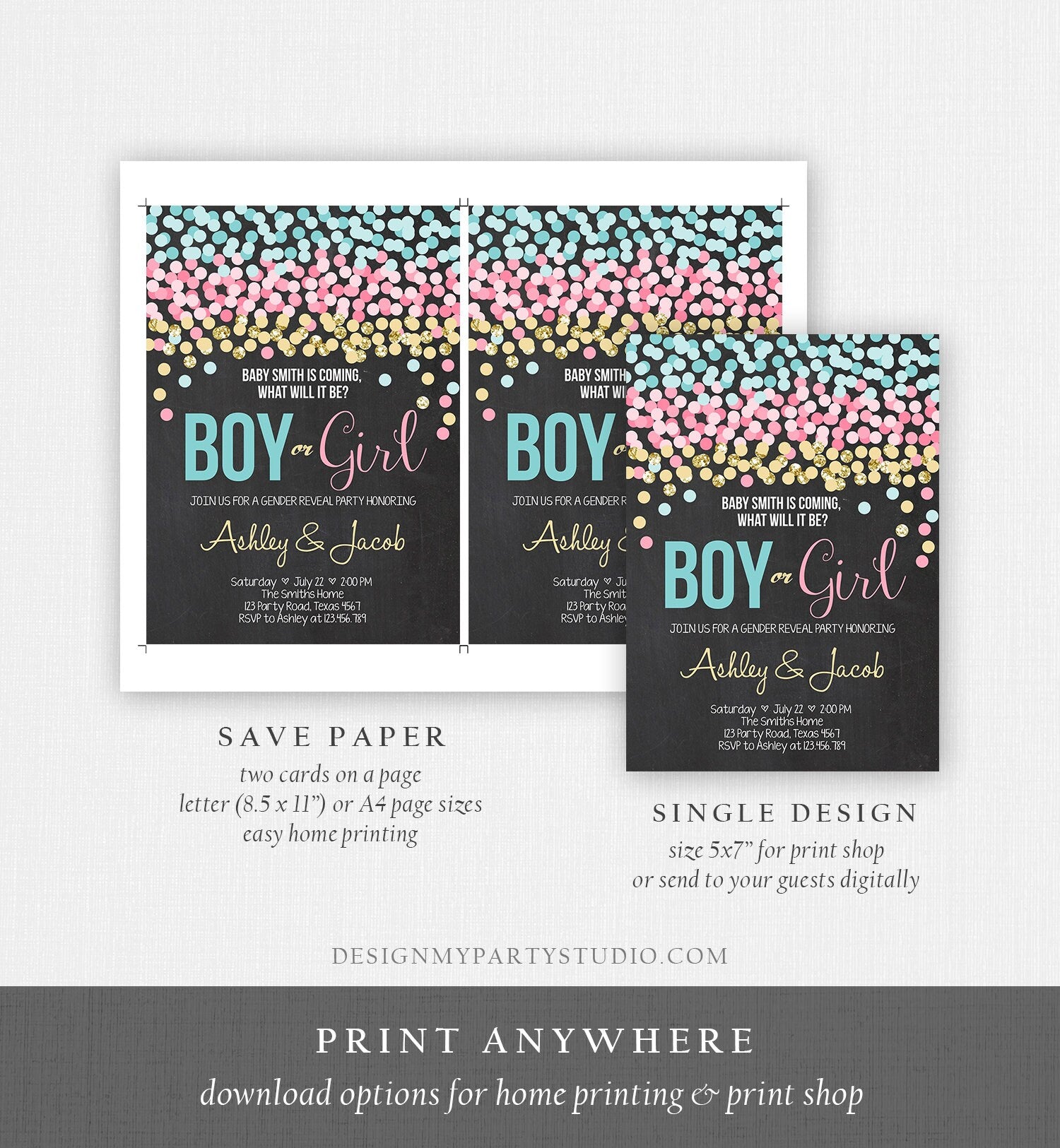 Editable Gender Reveal Invitation Confetti Blue or Pink Gold Boy or Girl He or She Rustic Instant Download Printable Template Corjl 0133