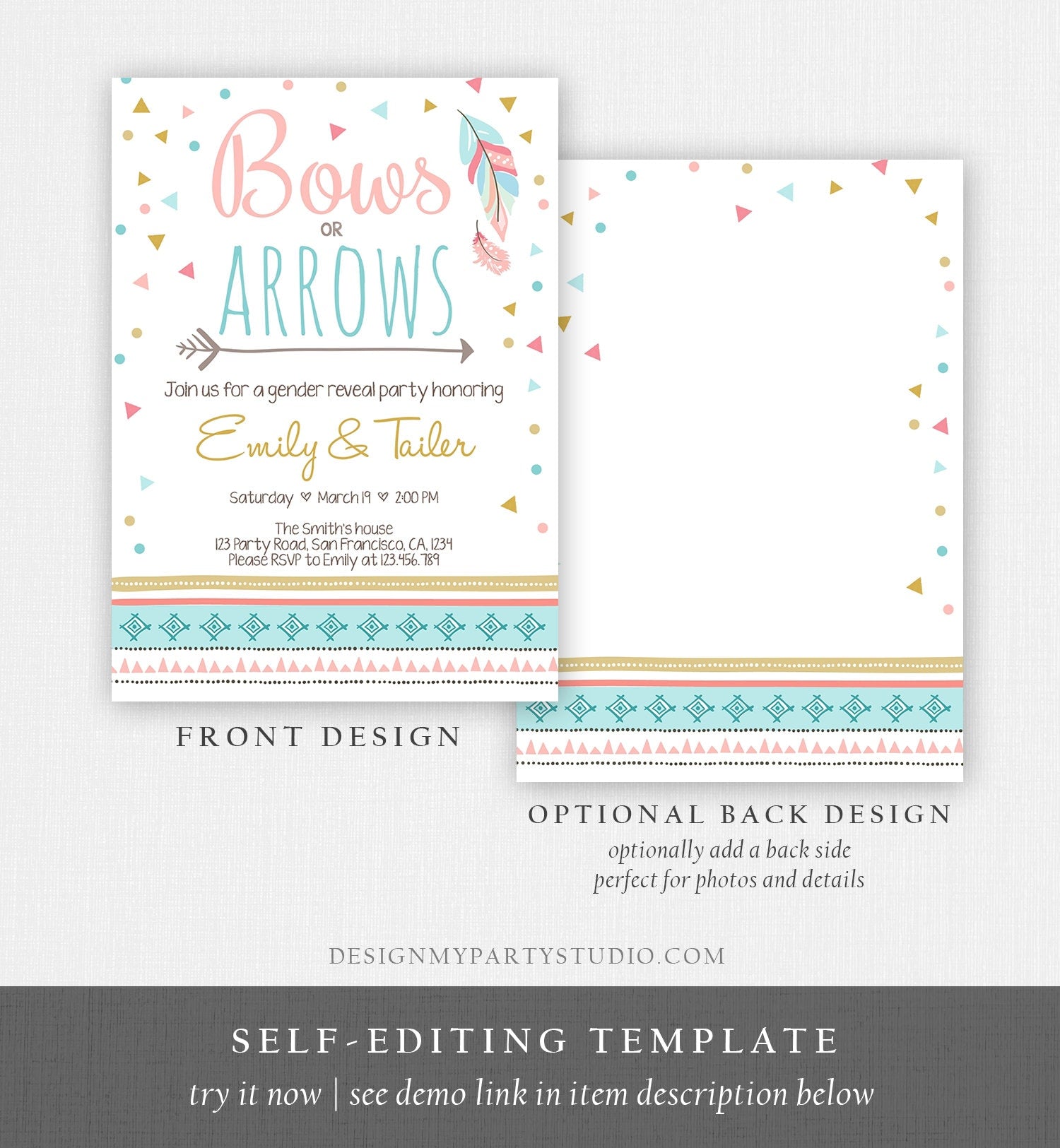 Editable Gender Reveal Invitation Bows or Arrows Tribal Boy or Girl He or She Blue or Pink Invitation Template Instant Download Corjl 0284