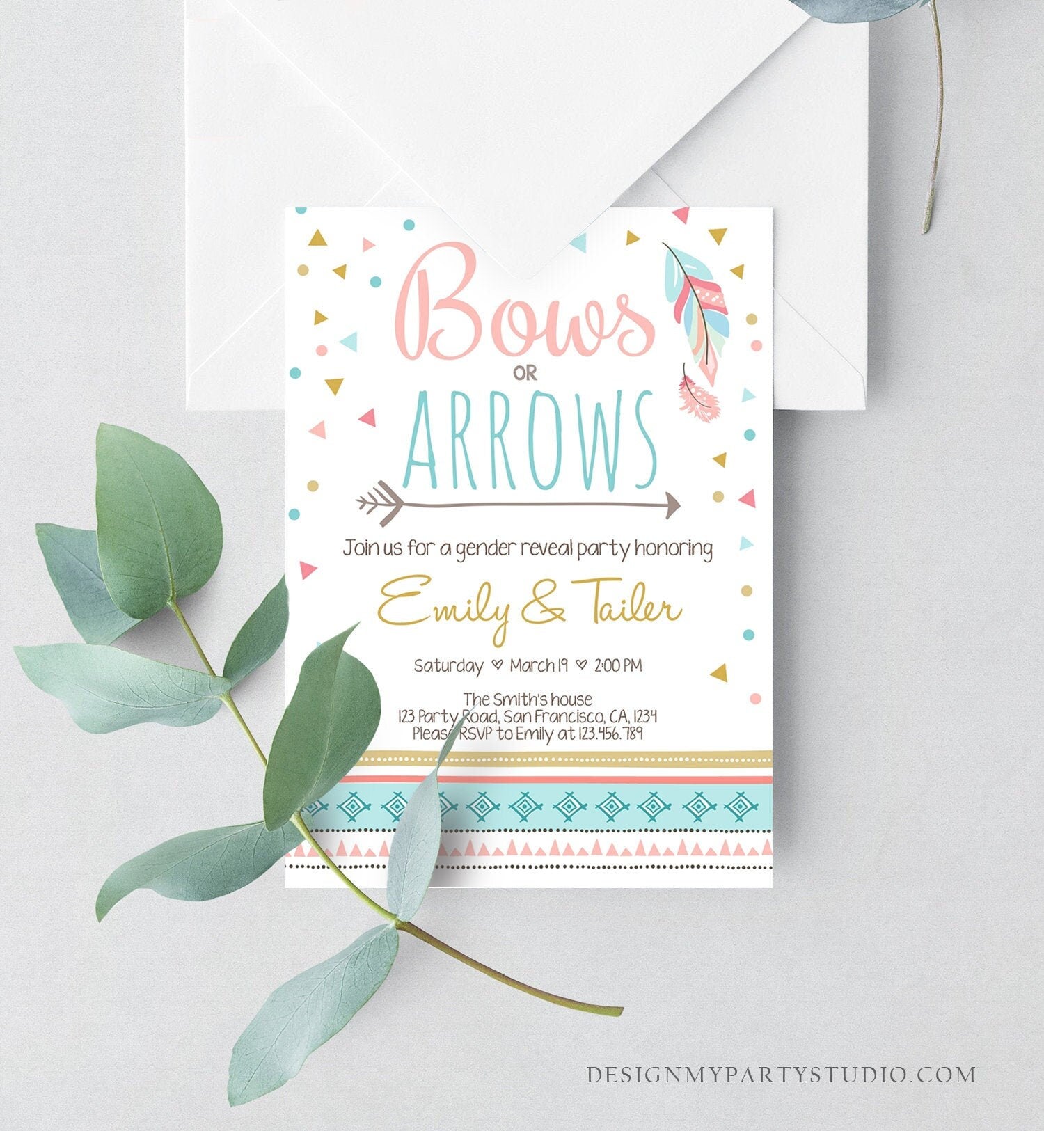 Editable Gender Reveal Invitation Bows or Arrows Tribal Boy or Girl He or She Blue or Pink Invitation Template Instant Download Corjl 0284