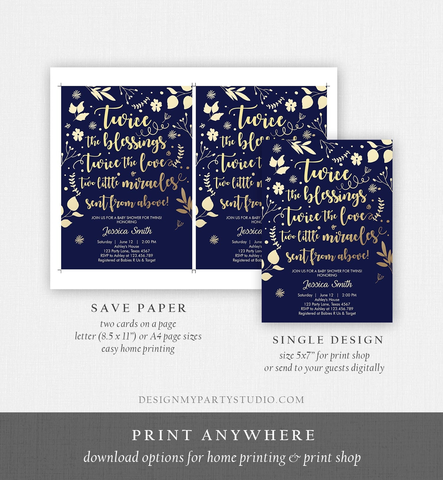 Editable Twin Baby Shower Invitation Twins Navy Gold White Blessings Rustic Modern Floral Gender Neutral Invite Template Download Corjl 0285