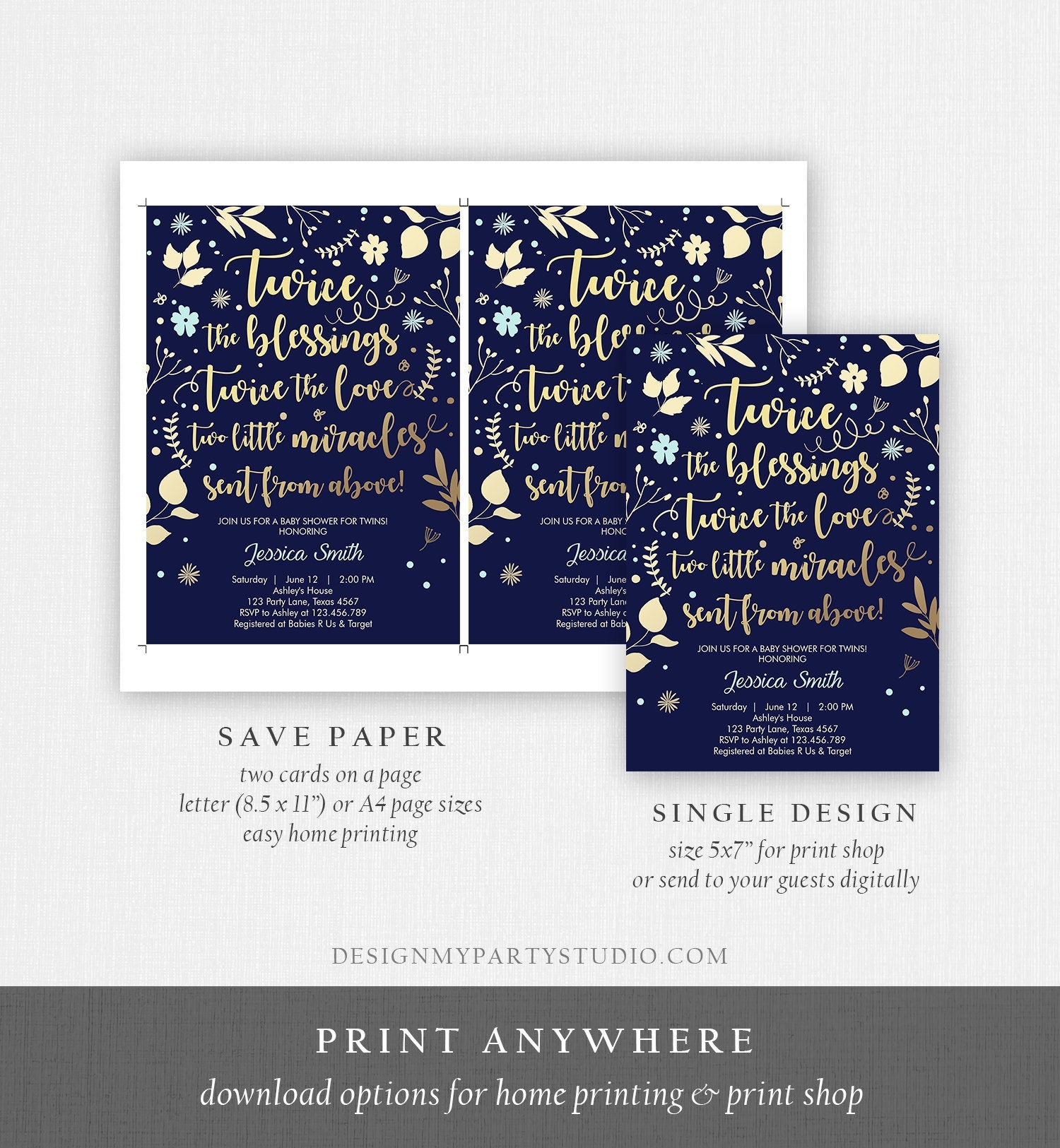 Editable Twin Baby Shower Invitation Twin Boys Navy Blue Gold Blessings Rustic Modern Floral Twin Invitation Template Download Corjl 0285