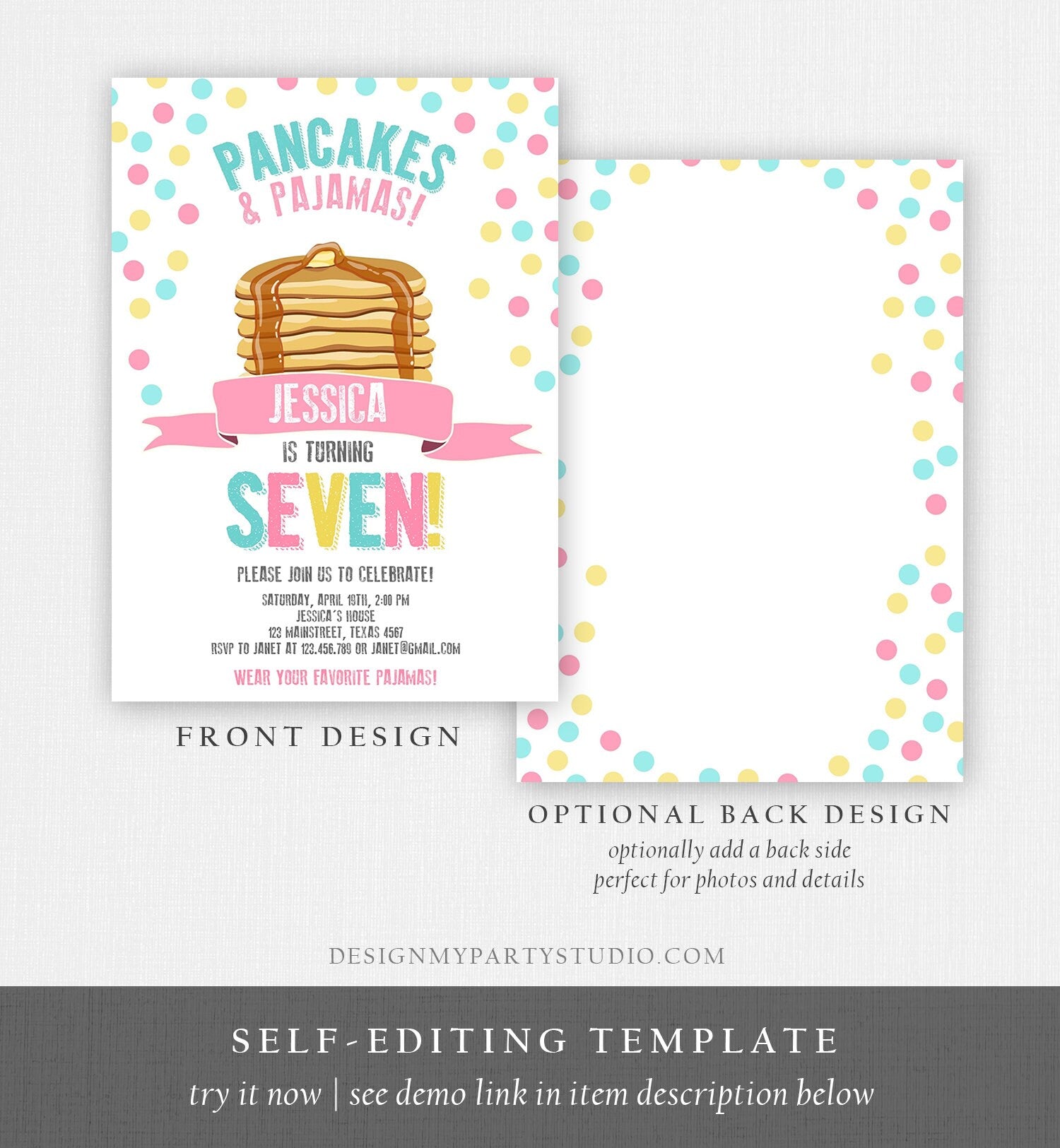 Editable Pancakes and Pajamas Invitation Pancake Pajamas Birthday Party Girl Pink Slumber Party Printable Template Corjl Digital 0286