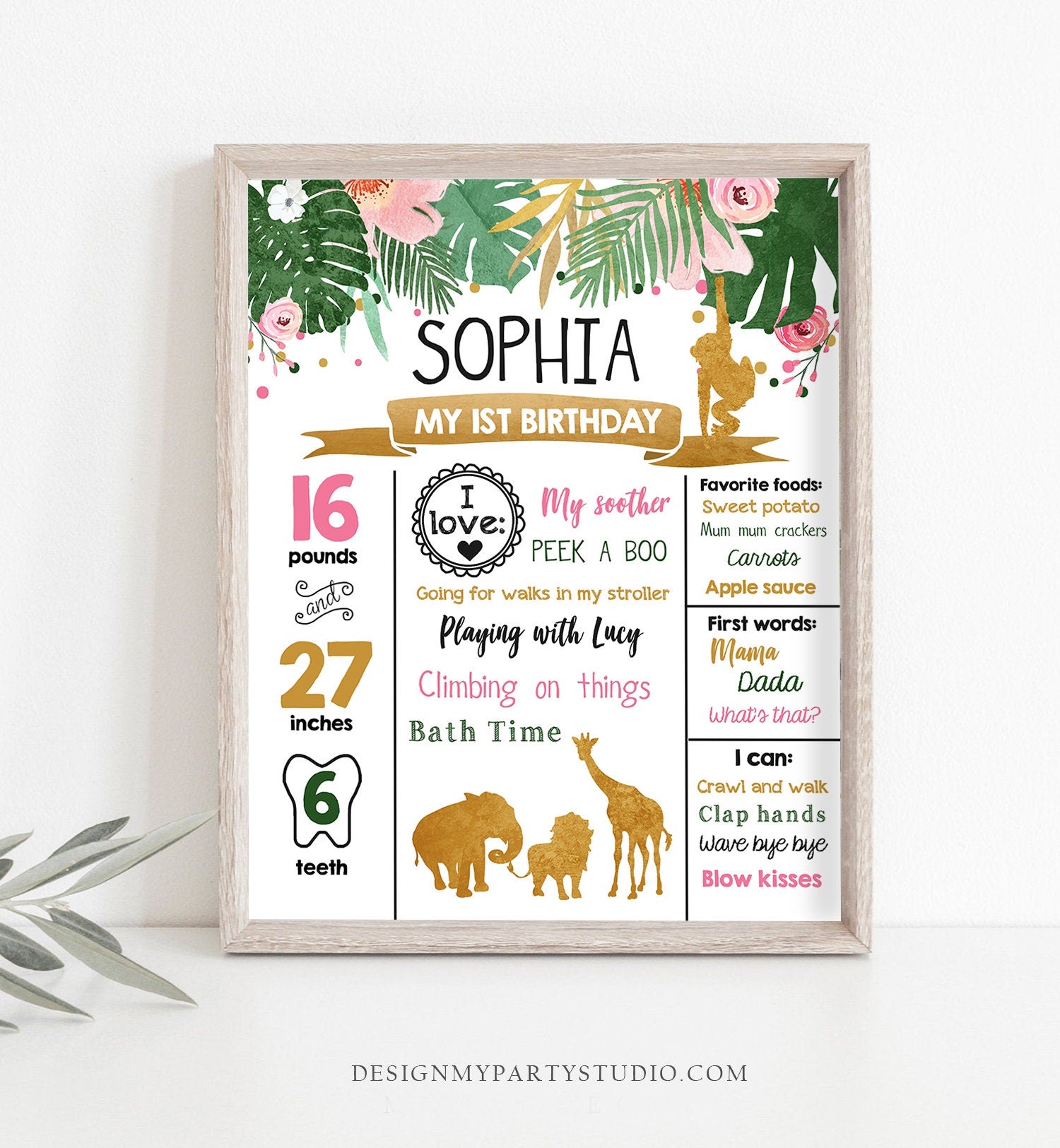 Editable Safari Animals Birthday Milestone Sign Girl Pink Wild One Party Animals First Birthday 1st Download Corjl Template Printable 0016