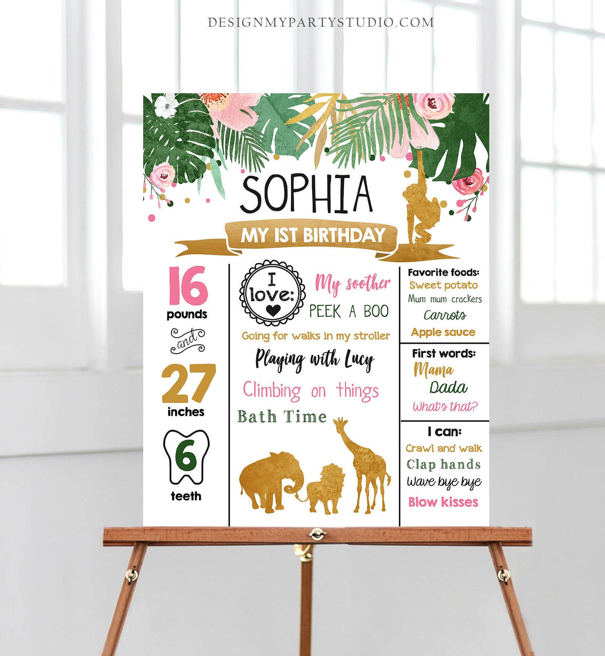 Editable Safari Animals Birthday Milestone Sign Girl Pink Wild One Party Animals First Birthday 1st Download Corjl Template Printable 0016