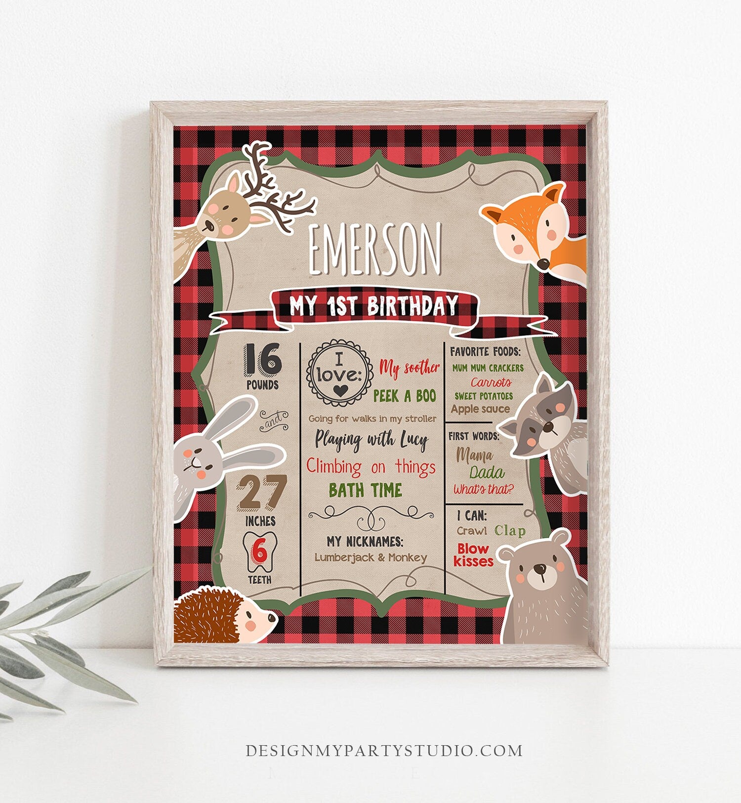 Editable Lumberjack Woodland Birthday Milestones Sign First Birthday Chalkboard Buffalo Plaid 1st Woodland Animals Corjl Template 0026