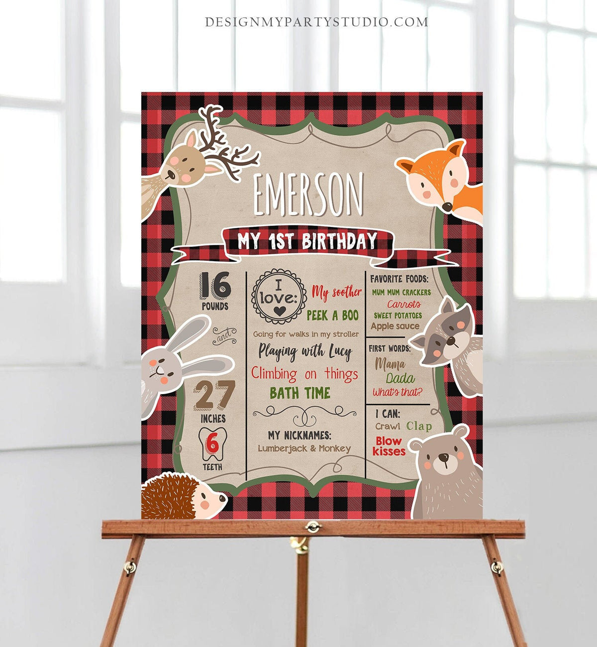 Editable Lumberjack Woodland Birthday Milestones Sign First Birthday Chalkboard Buffalo Plaid 1st Woodland Animals Corjl Template 0026