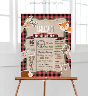 Editable Lumberjack Woodland Birthday Milestones Sign First Birthday Chalkboard Buffalo Plaid 1st Woodland Animals Corjl Template 0026