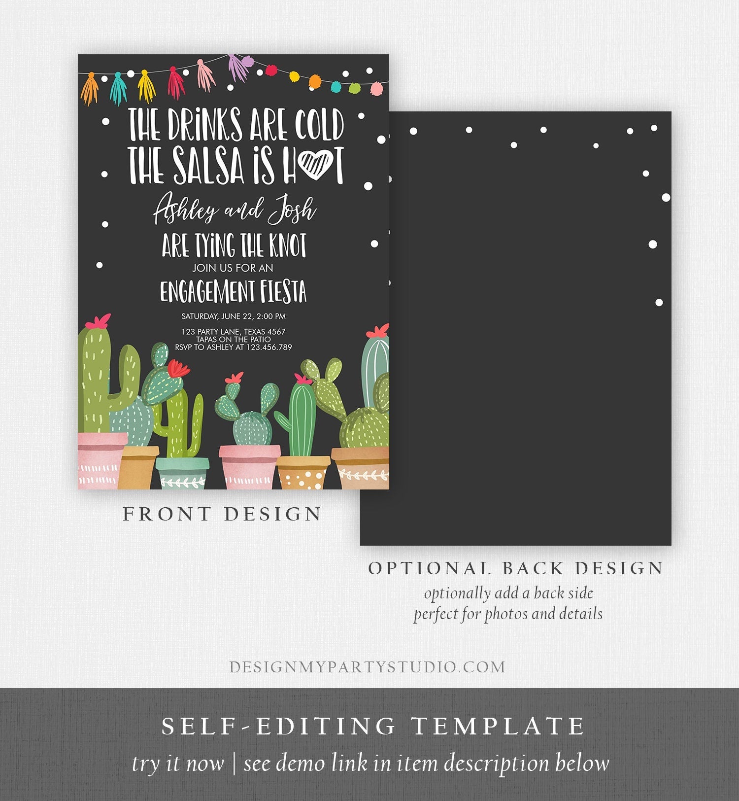 Editable Fiesta Engagement Invitation Bridal Shower Couples Shower Cactus Drinks Cold Salsa is Hot Tying Knot Printable Corjl Template 0254