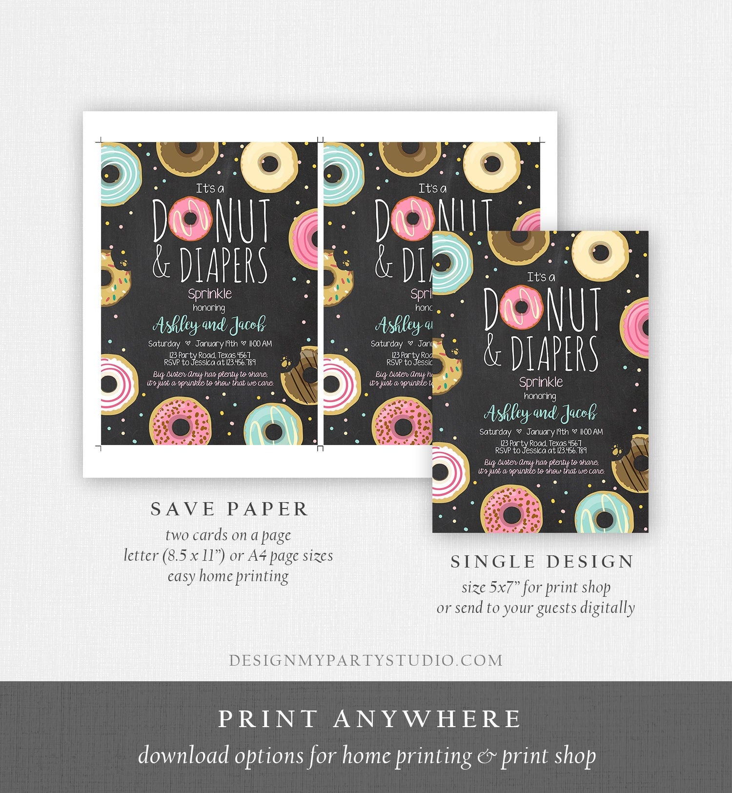 Editable Donut and Diapers Sprinkle Invitation Sprinkled With Love Coed Shower Couples Digital Download Printable Evite Template 0050