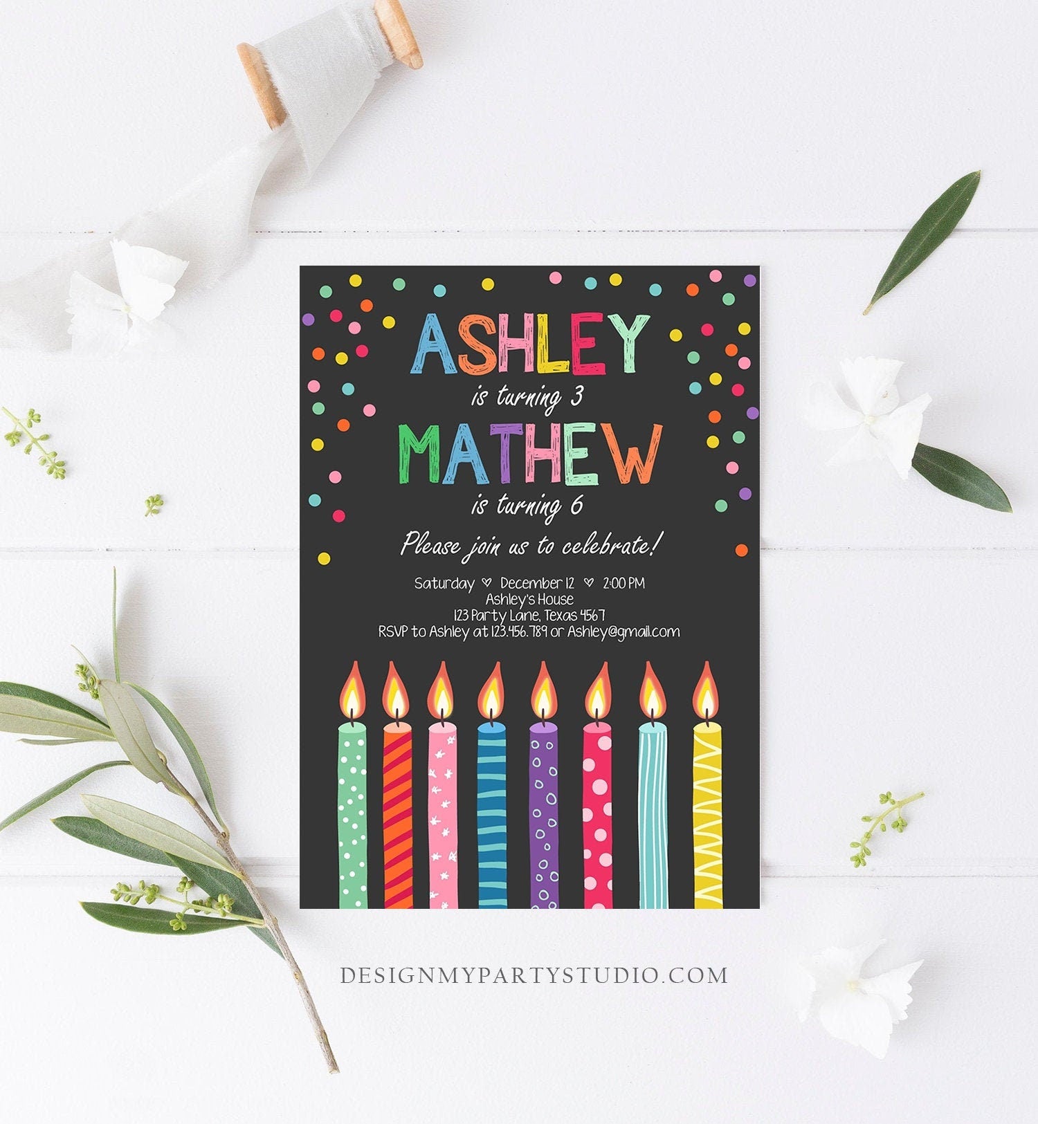 Editable Joint Twin Birthday Invitation Twins Candles Confetti Boy Girl ANY AGE Dual Party Digital Download Printable Corjl Template 0277