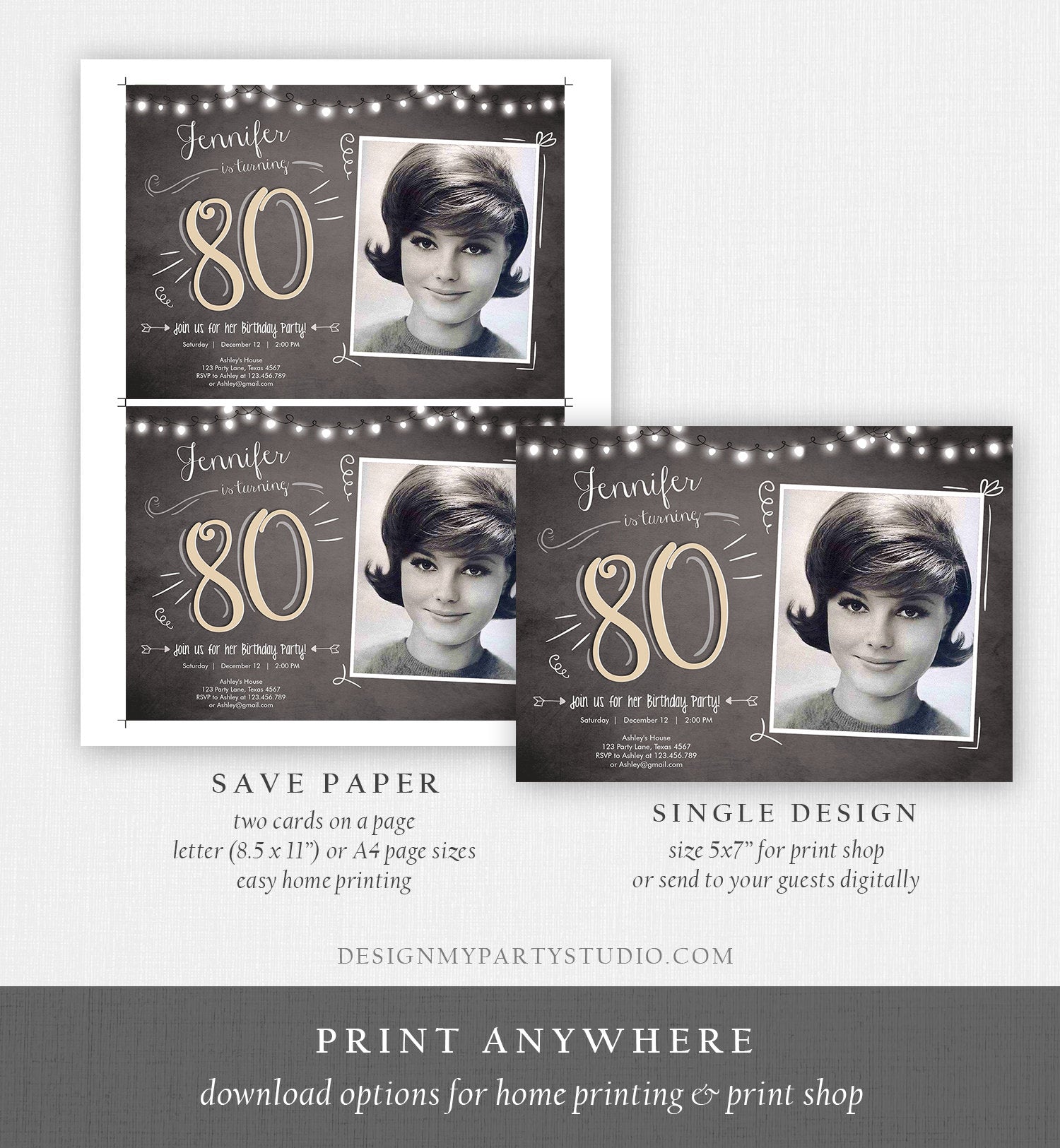 Editable 80th Birthday Invitation Chalkboard Rustic Adult Surprise Birthday Party Eighty Photo Download Corjl Template Printable 0230