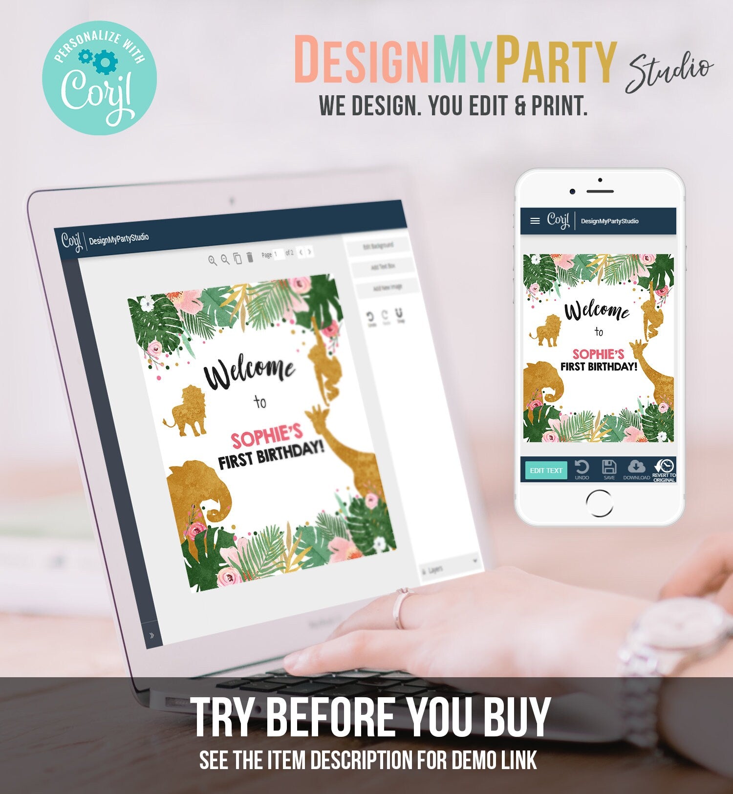 Editable Safari Animals Welcome Sign Wild One Party Animals Sign Zoo Jungle Table Sign Pink Gold Girl Corjl Template Download PRINTABLE 0016