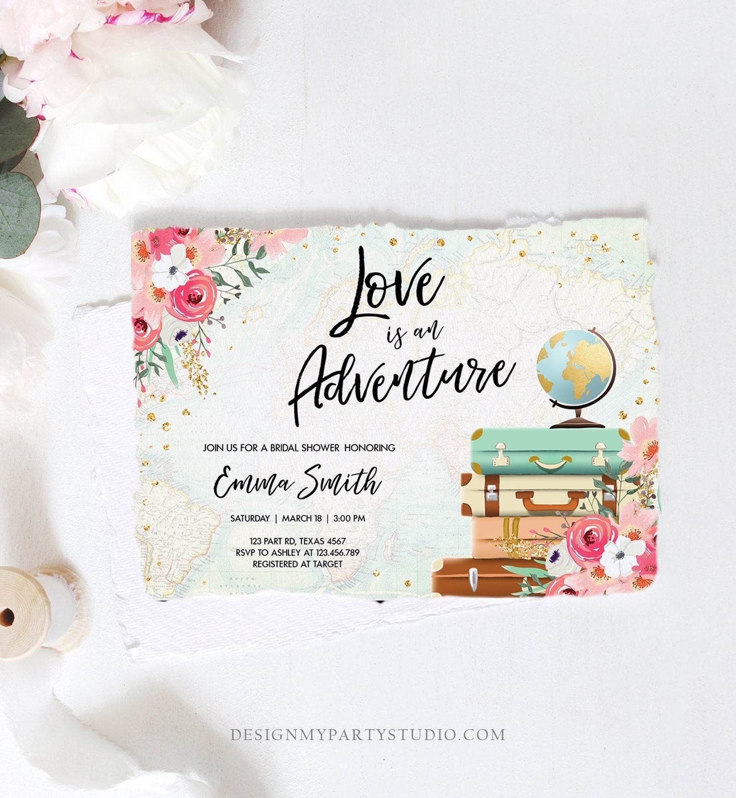 Editable Love is an Adventure Bridal Shower Invitation Traveling to Mrs Travel Gold Pink Floral Travel Download Digital Template 0030