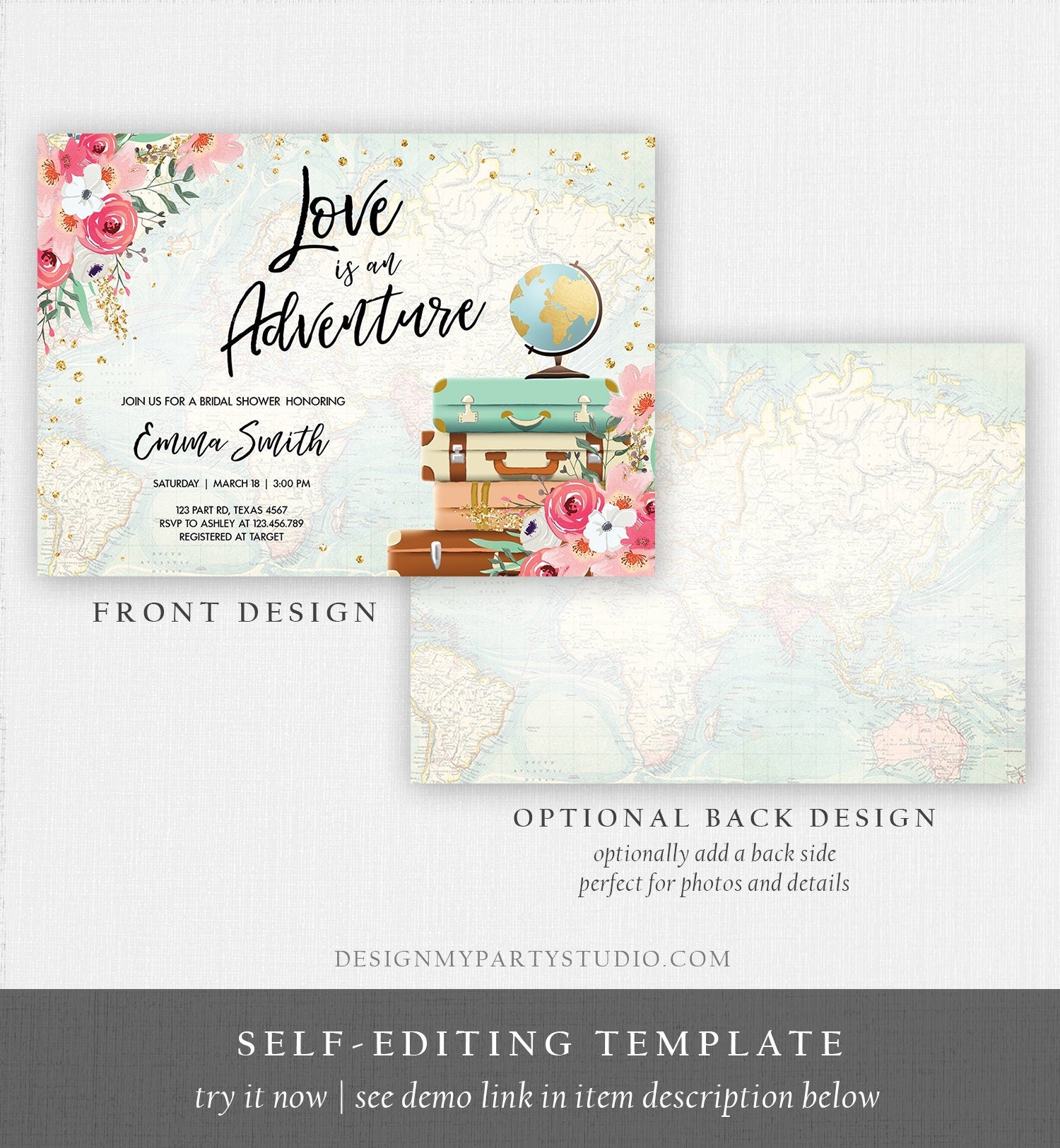 Editable Love is an Adventure Bridal Shower Invitation Traveling to Mrs Travel Gold Pink Floral Travel Download Digital Template 0030