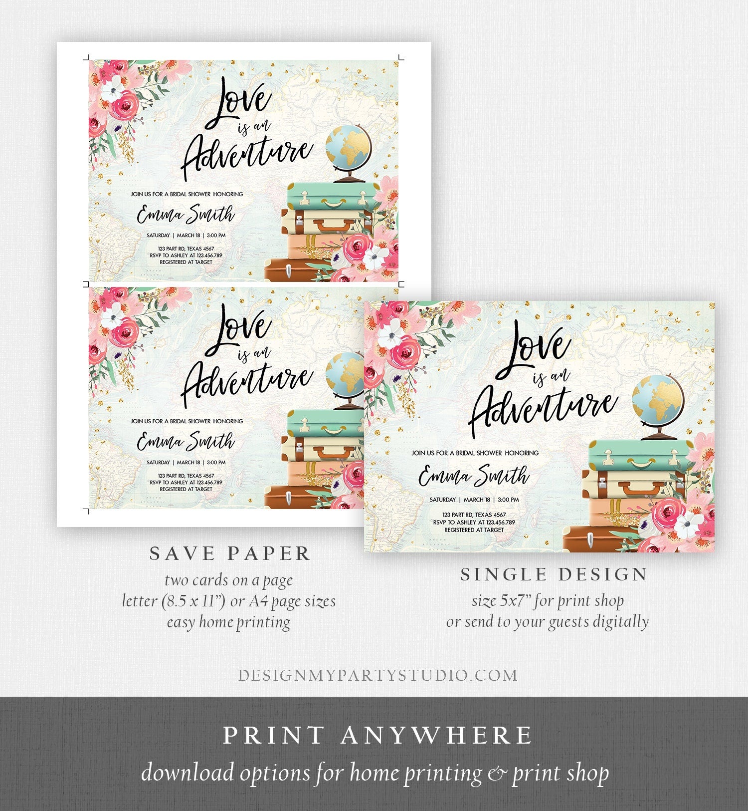 Editable Love is an Adventure Bridal Shower Invitation Traveling to Mrs Travel Gold Pink Floral Travel Download Digital Template 0030