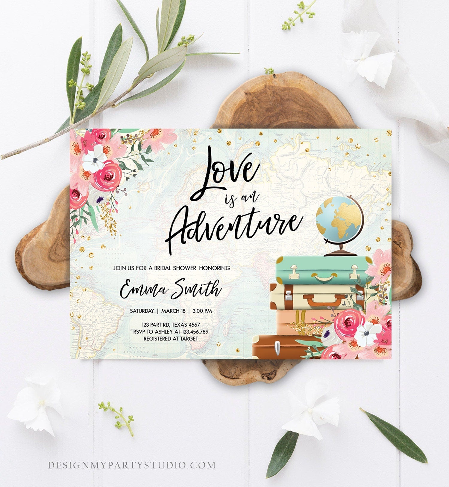 Editable Love is an Adventure Bridal Shower Invitation Traveling to Mrs Travel Gold Pink Floral Travel Download Digital Template 0030