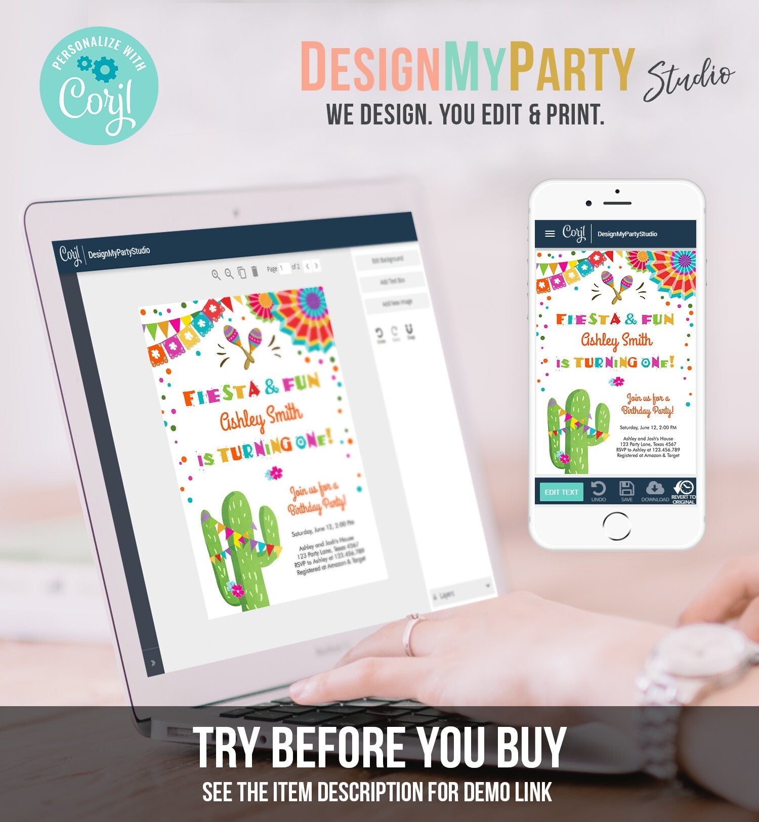 Editable Fiesta and Fun First Birthday Invitation ANY AGE Cactus Mexican 1st Birthday Party Girl Boy Colorful Evite Template Printable 0045