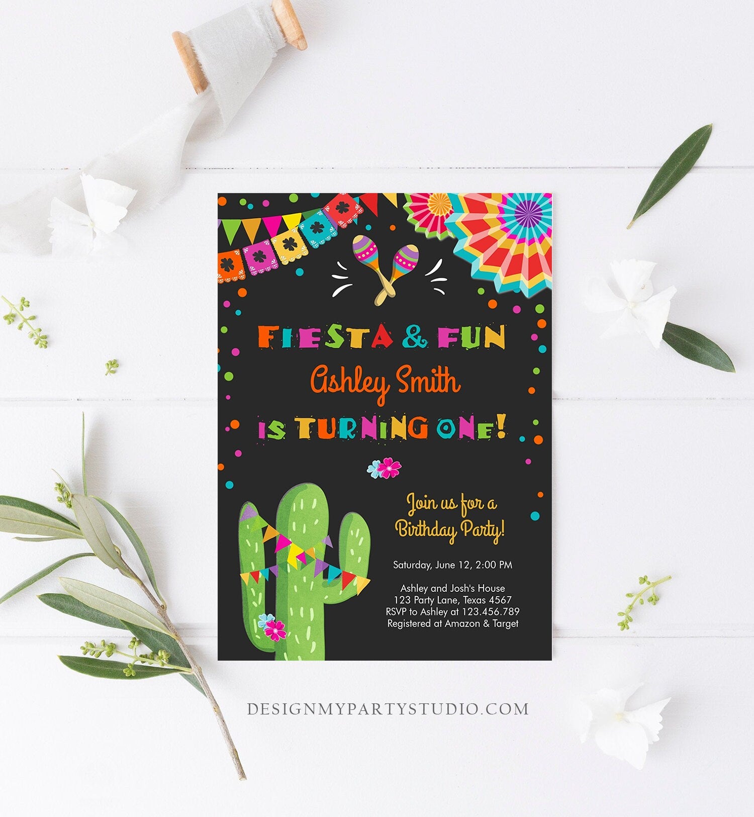 Editable Fiesta and Fun First Birthday Invitation ANY AGE Cactus Mexican 1st Birthday Party Girl Boy Colorful Corjl Template Printable 0045