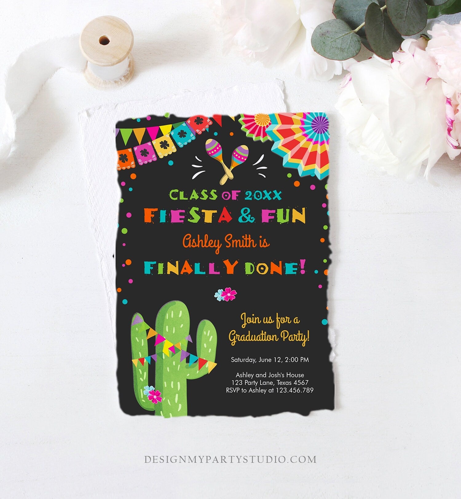 Editable Fiesta and Fun Graduation Party Invitation Finally Done Let's Fiesta Mexican High School College Degree Diploma Corjl Template 0045