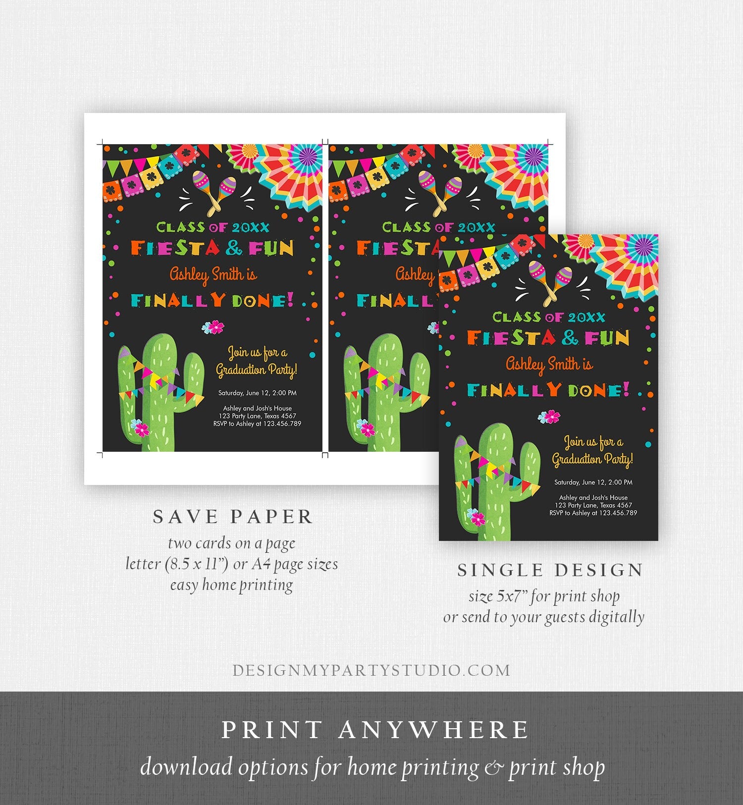 Editable Fiesta and Fun Graduation Party Invitation Finally Done Let's Fiesta Mexican High School College Degree Diploma Corjl Template 0045