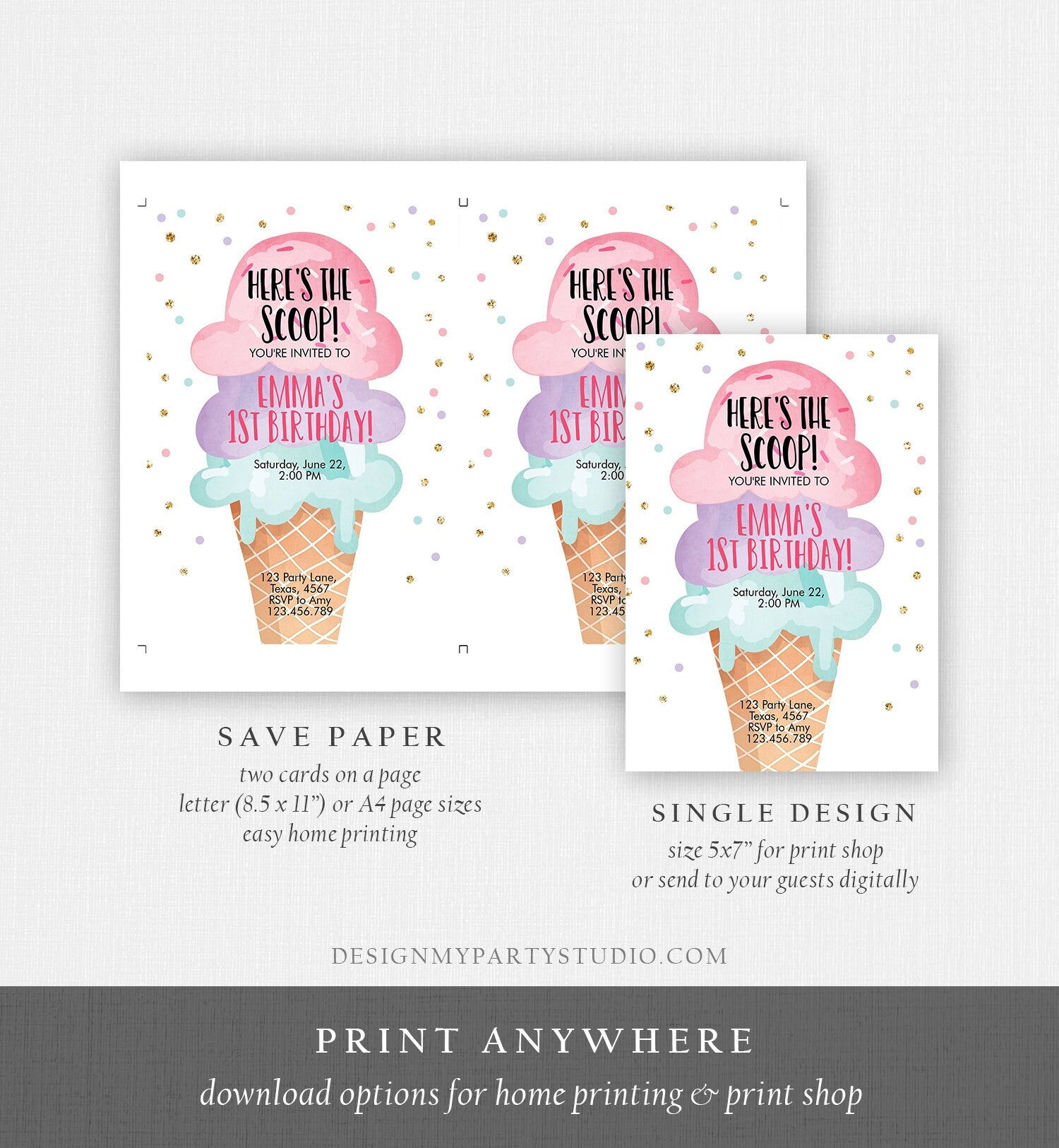 Editable Ice Cream Birthday Invitation First Birthday Party Here's the Scoop Cone Pink Mint Gold Purple Printable Template Evite 0243