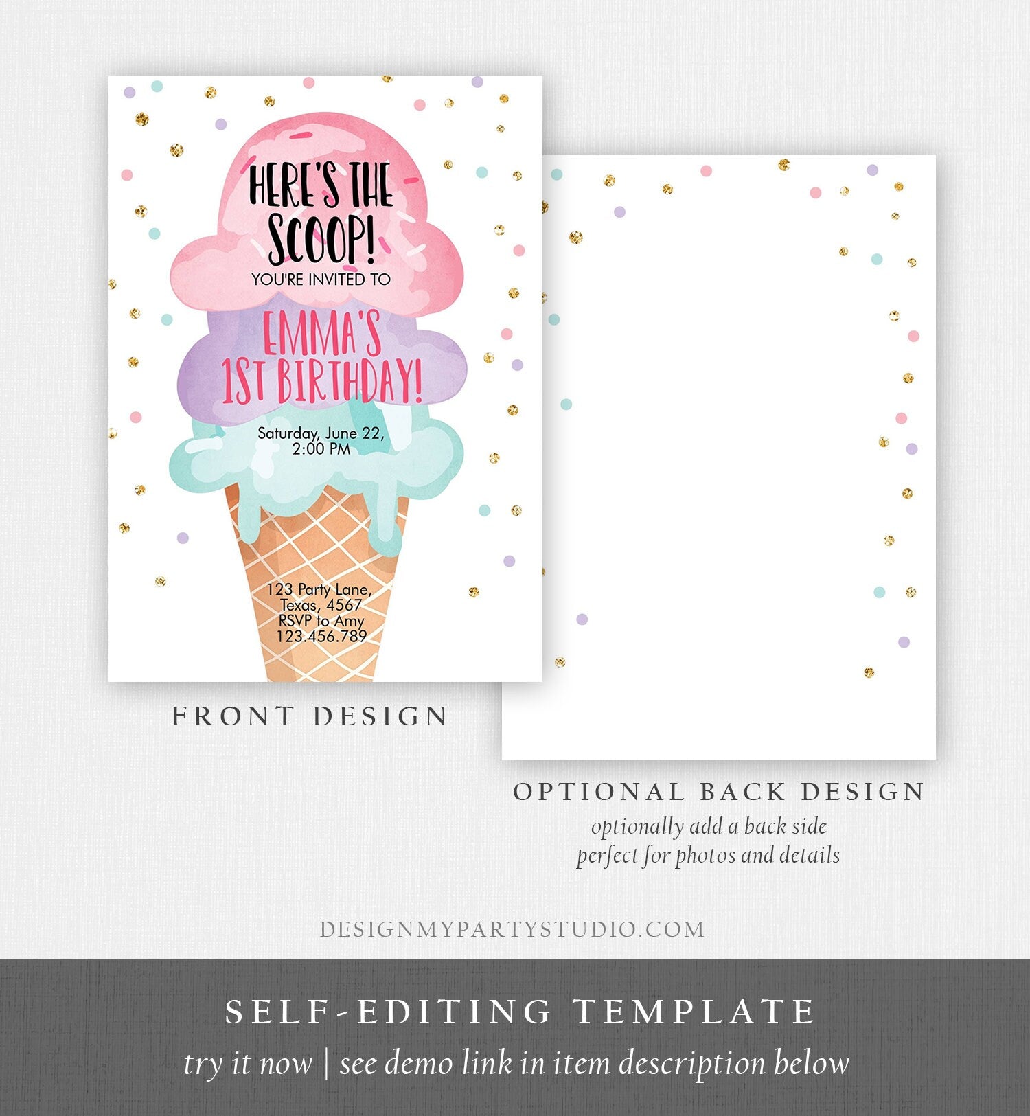 Editable Ice Cream Birthday Invitation First Birthday Party Here's the Scoop Cone Pink Mint Gold Purple Printable Template Evite 0243