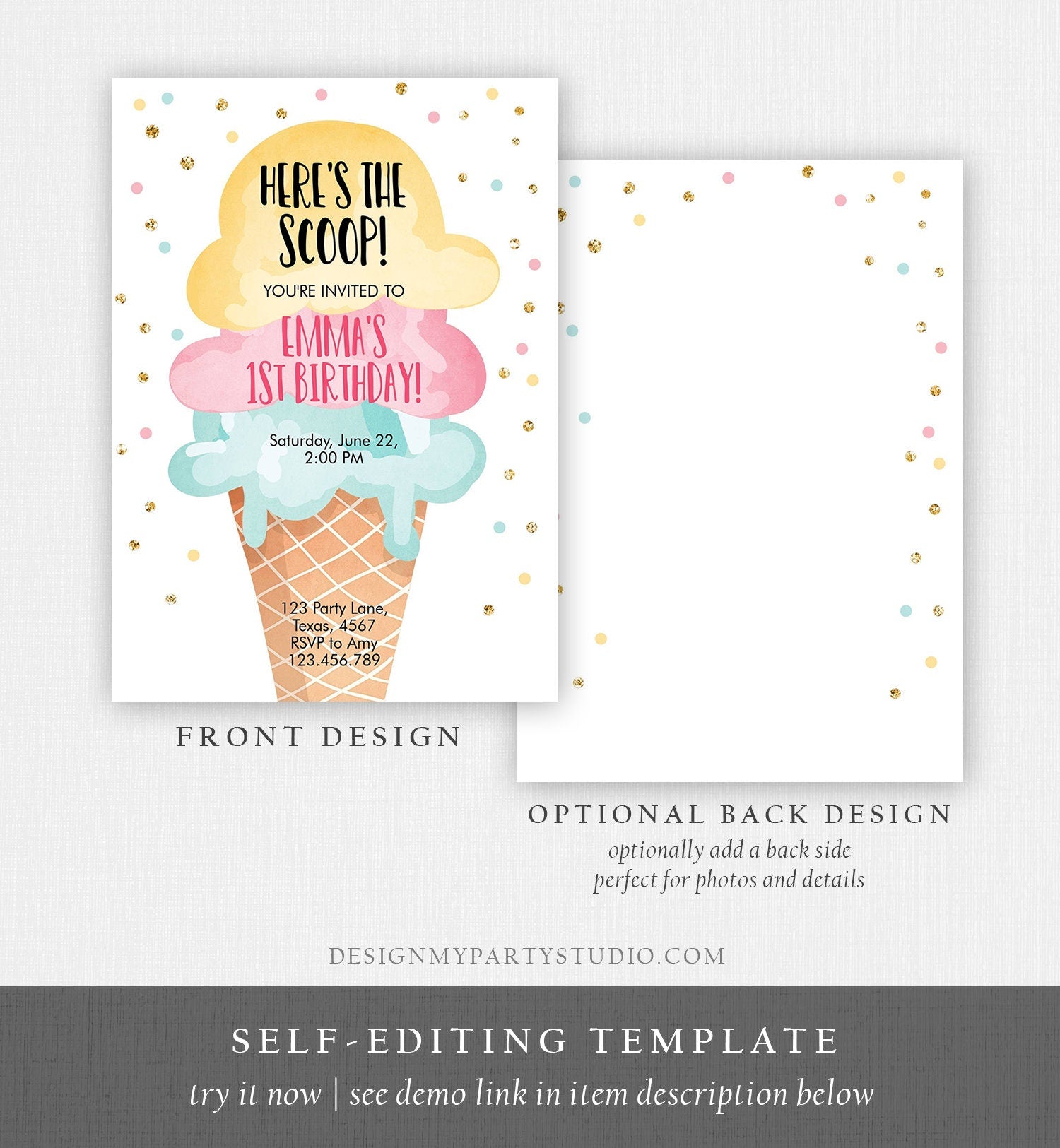 Editable Ice Cream Birthday Invitation First Birthday Party Here's the Scoop Cone Pink Mint Gold Download Corjl Template Printable 0243