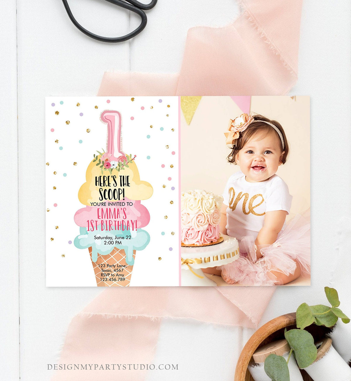 Editable Ice Cream Birthday Invitation First Birthday Party Here&#39;s the Scoop Cone Pink Mint Gold Download Printable Template Corjl 0243