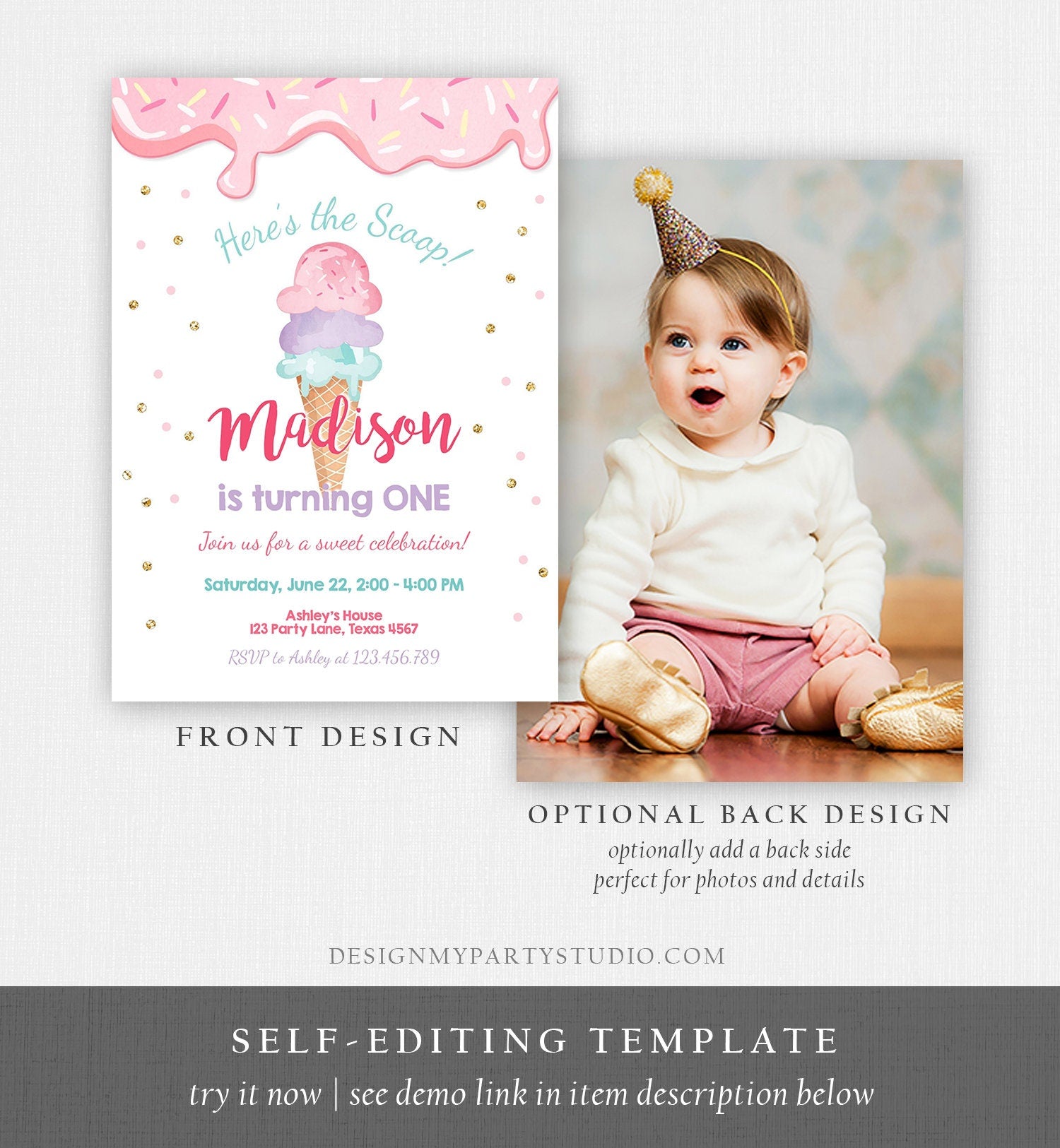 Editable Ice Cream Invitation Ice Cream Cone Birthday Invite Ice Cream Social Girl Birthday Pink Gold Download Corjl Template Printable 0243