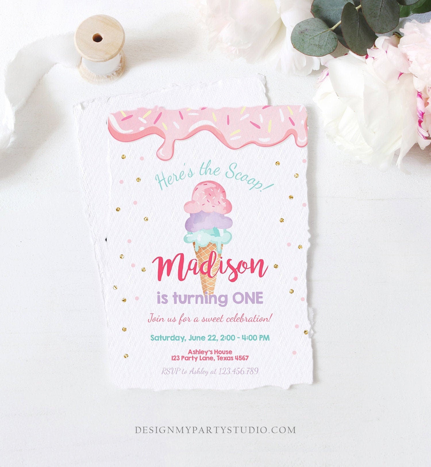 Editable Ice Cream Invitation Ice Cream Cone Birthday Invite Ice Cream Social Girl Birthday Pink Gold Download Corjl Template Printable 0243