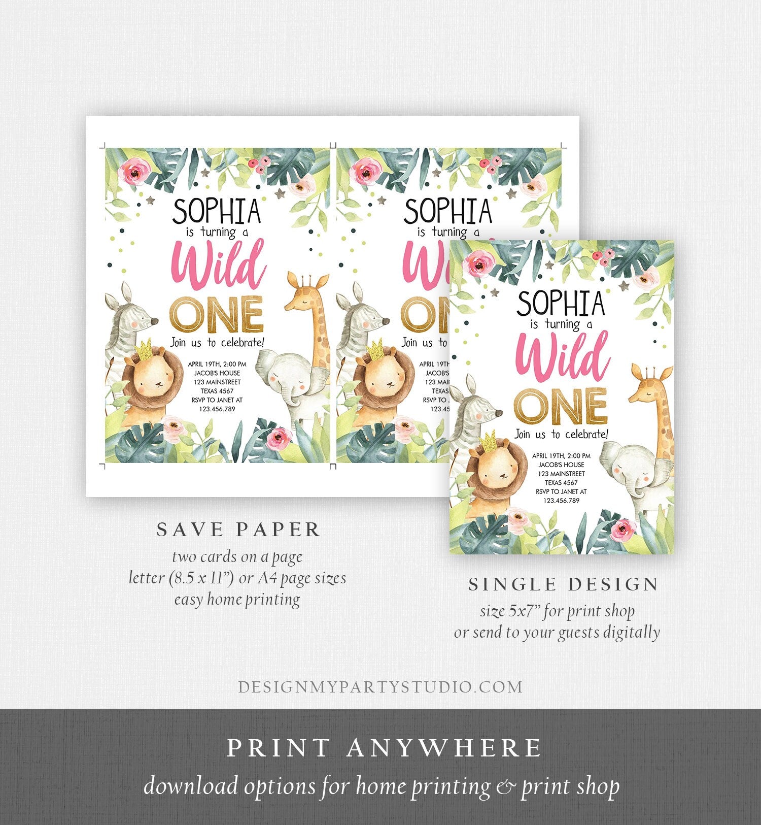 Editable Wild One Birthday Invitation Girl Party Animals Safari Animals Pink Gold Watercolor Digital Download Corjl Template Printable 0163